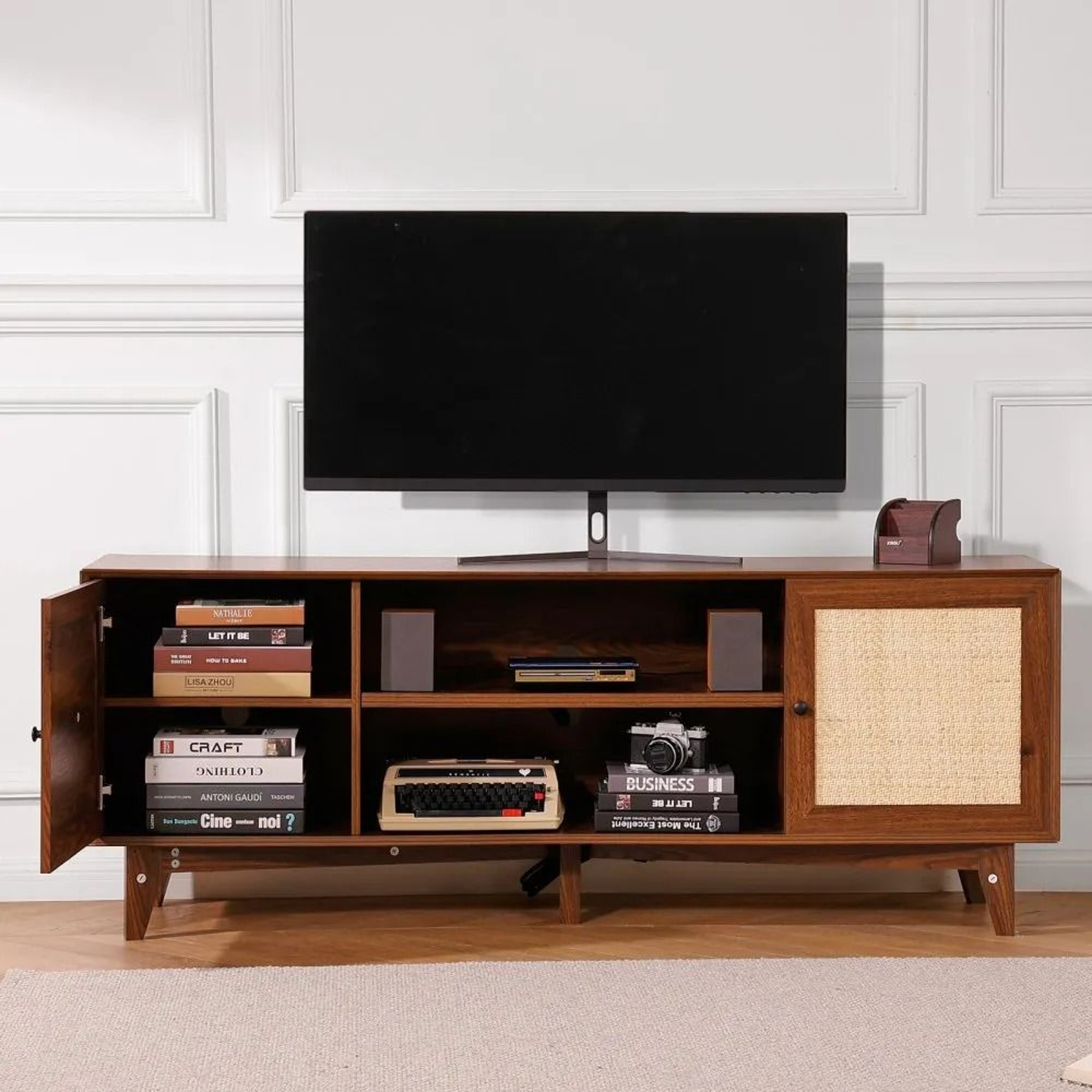 Rattan TV Stand For 75 Inch TV With Storage And Built In Power Outlet 6