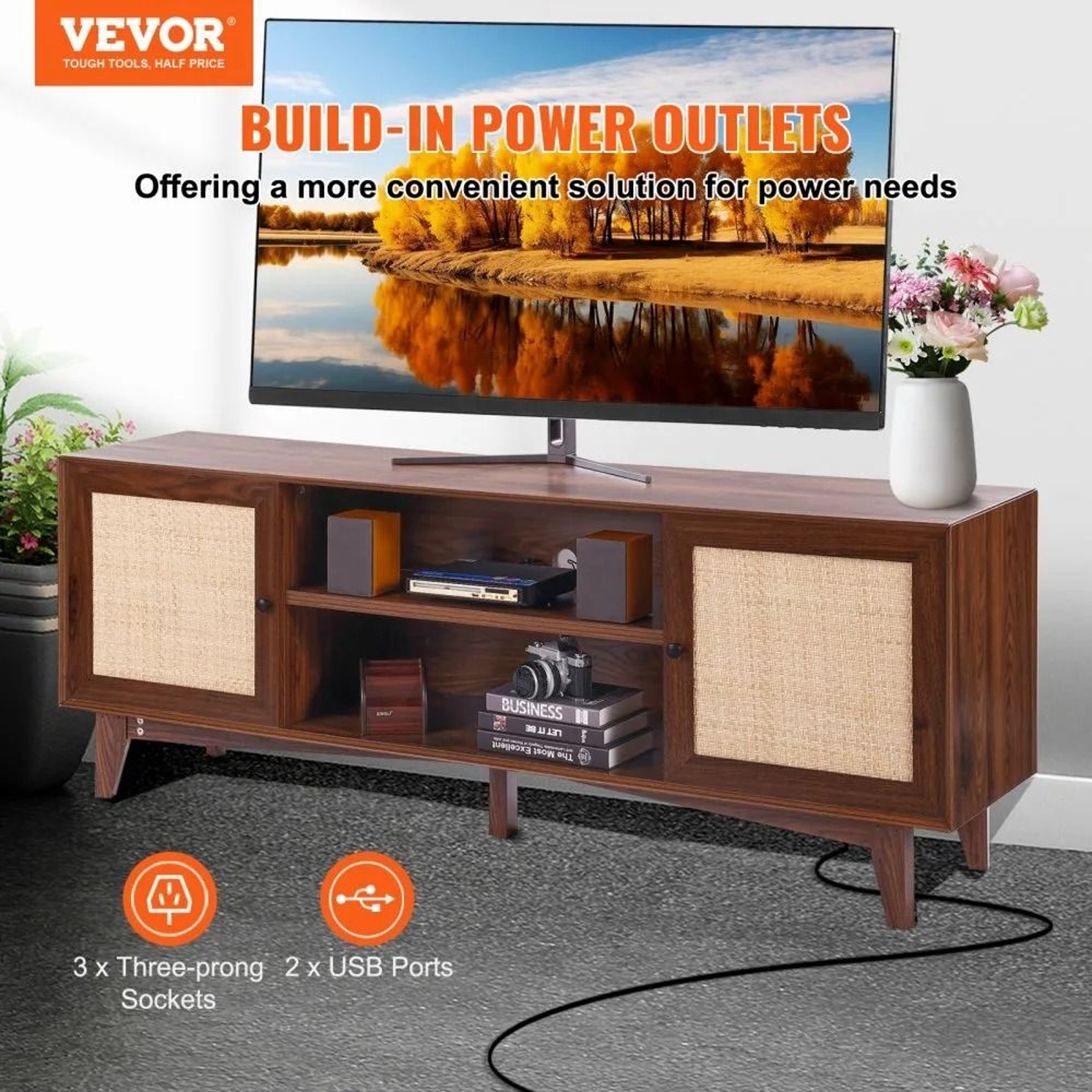 Rattan TV Stand For 75 Inch TV With Storage And Built In Power Outlet 4