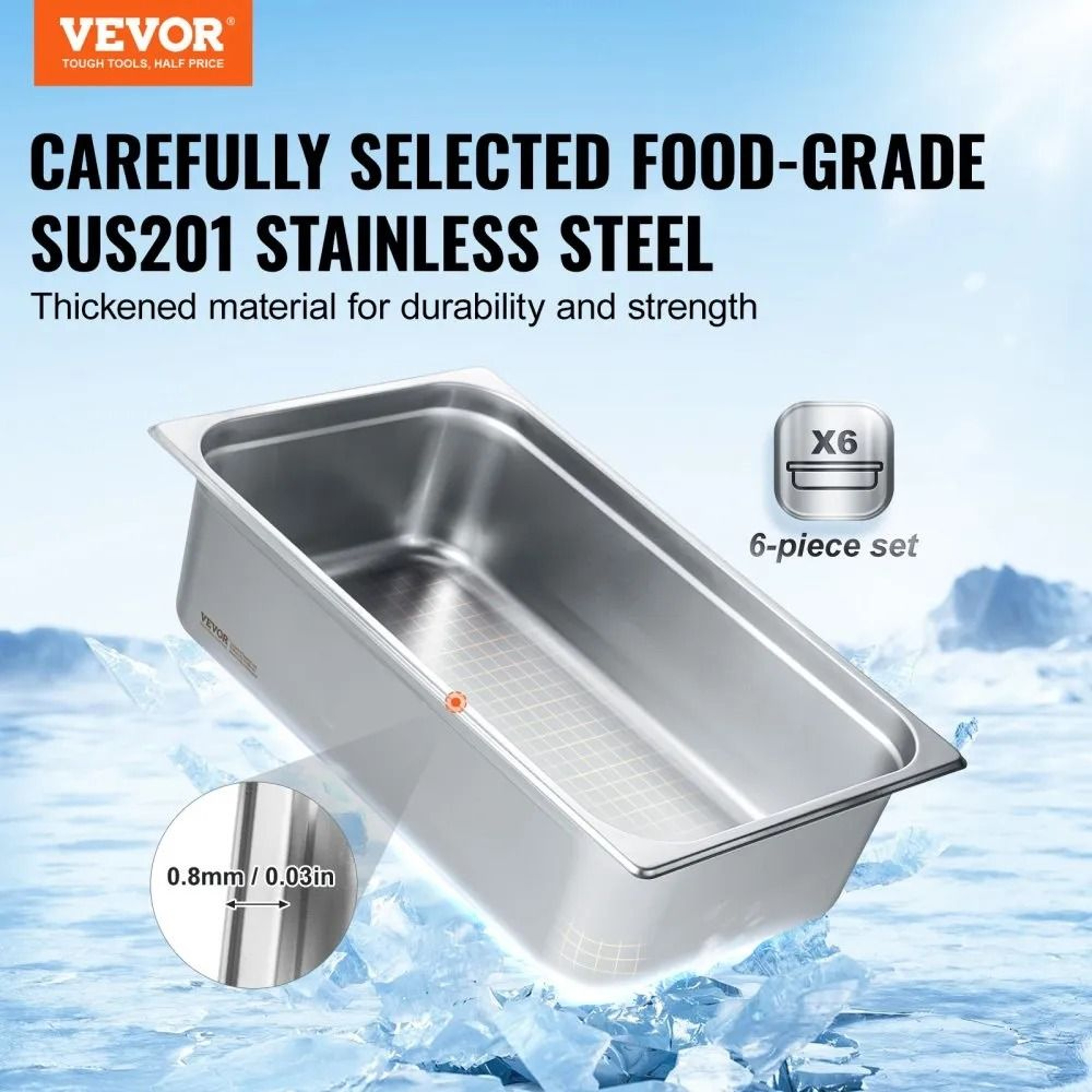 Full Size Steam Table Pans 6 Pack Stainless Steel Hotel Pans With Anti Jam Design 4