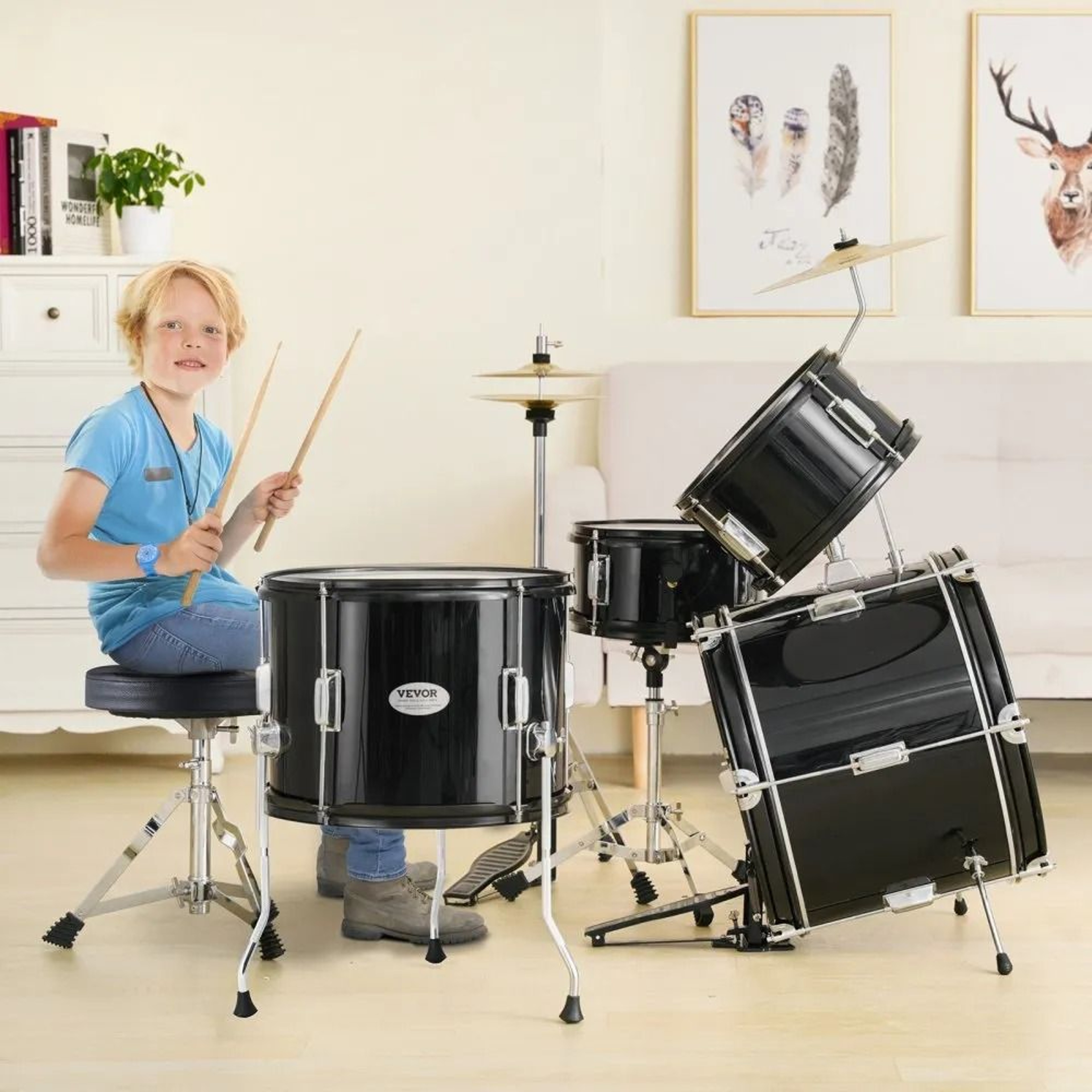 5 Piece Kids Drum Set With Adjustable Throne And Complete Beginner Drum Kit 5