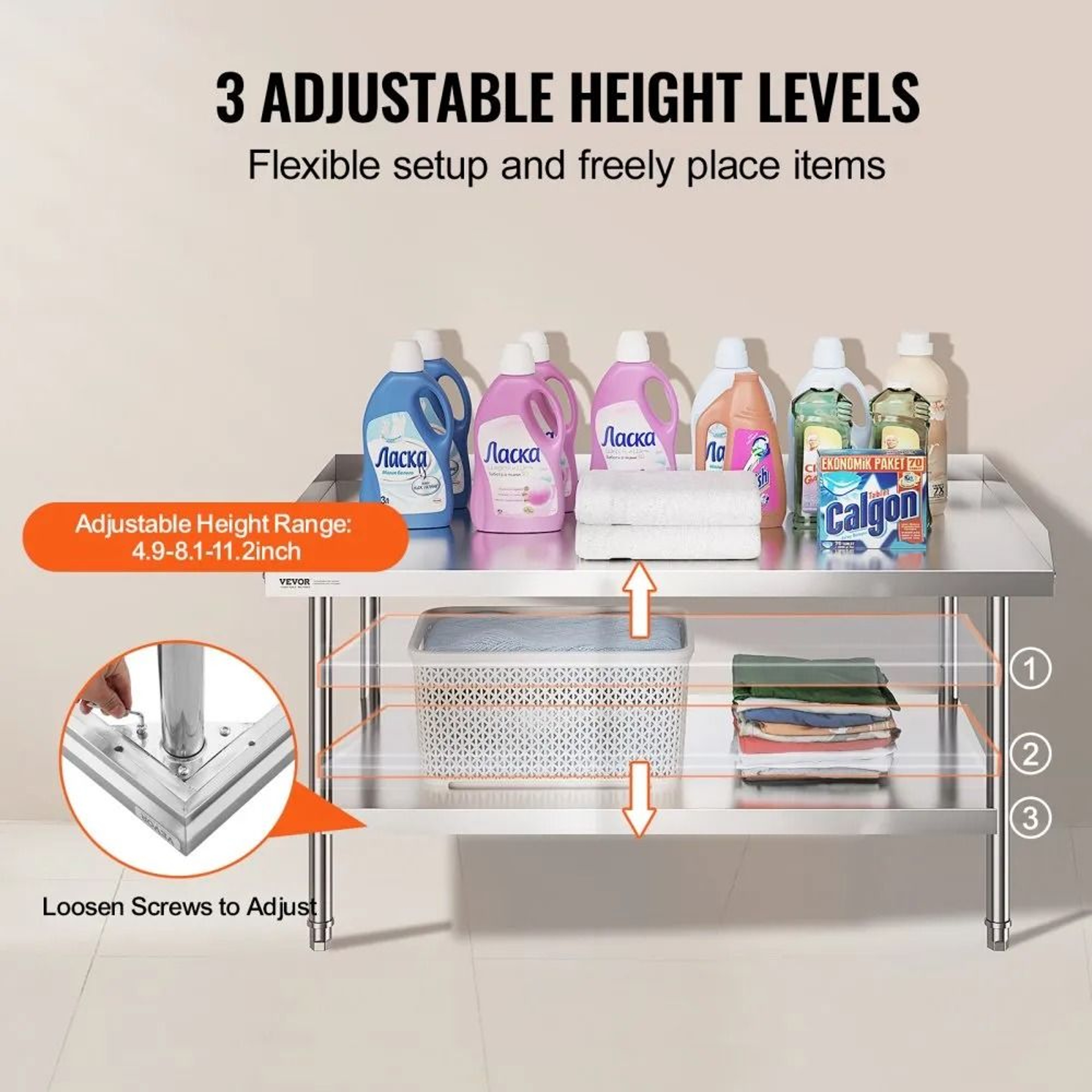 Stainless Steel Prep Work Table With Adjustable Shelf And 3 Sided Backsplash 5