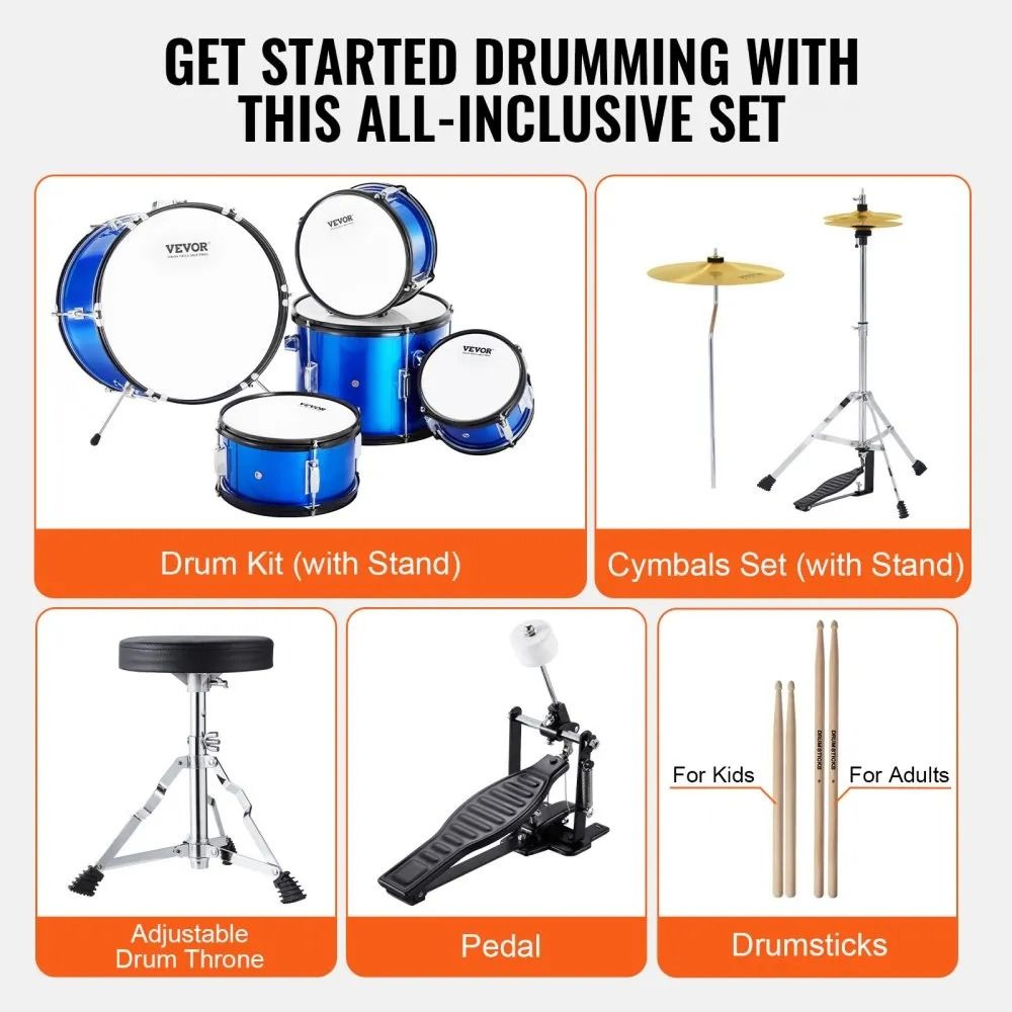 Kids Drum Set 5 Piece Beginner Drum Kit With Adjustable Throne Cymbals And Drumsticks 3