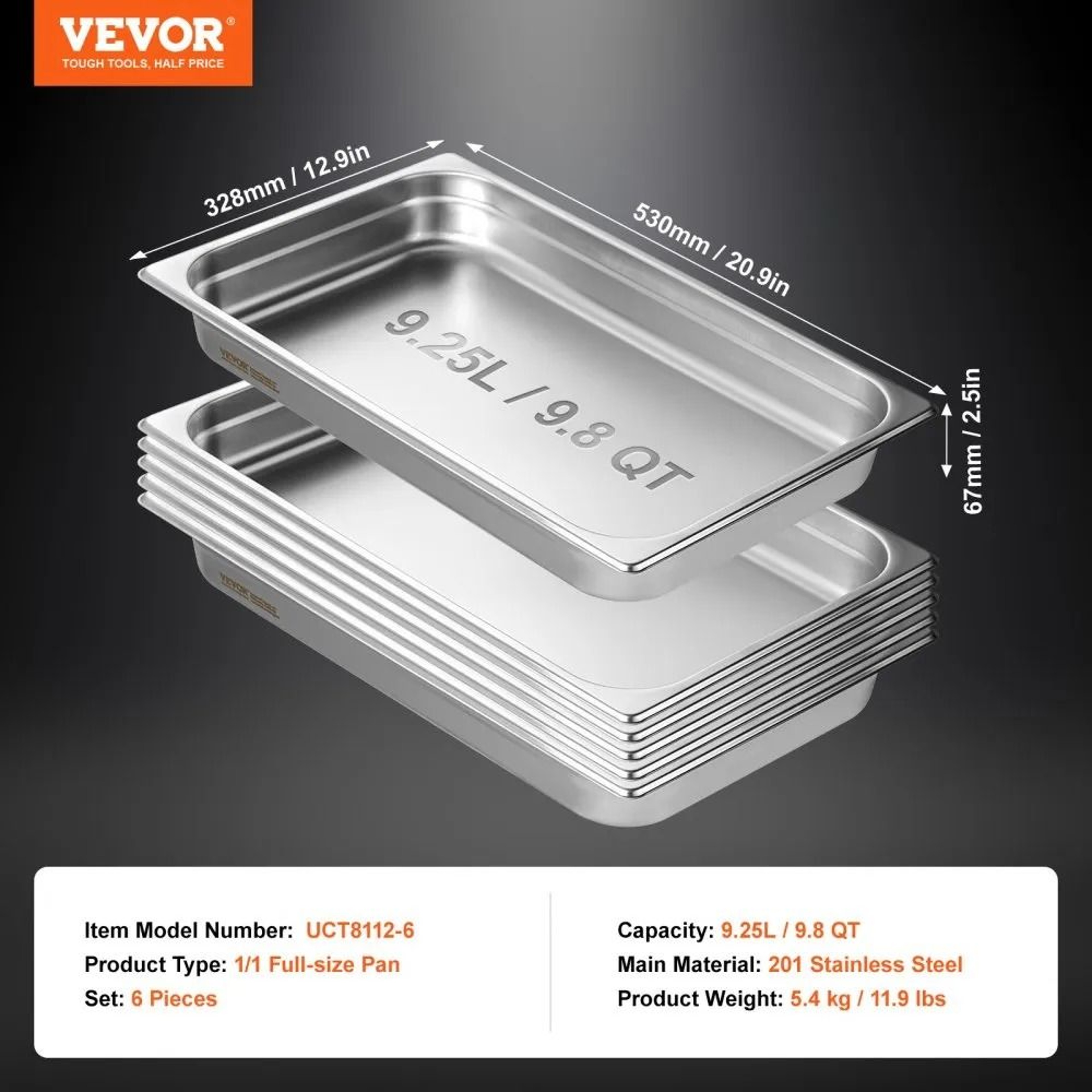 Full Size Stainless Steel Hotel Pans 6 Pack Anti Jam Commercial Steam Table Pans 5