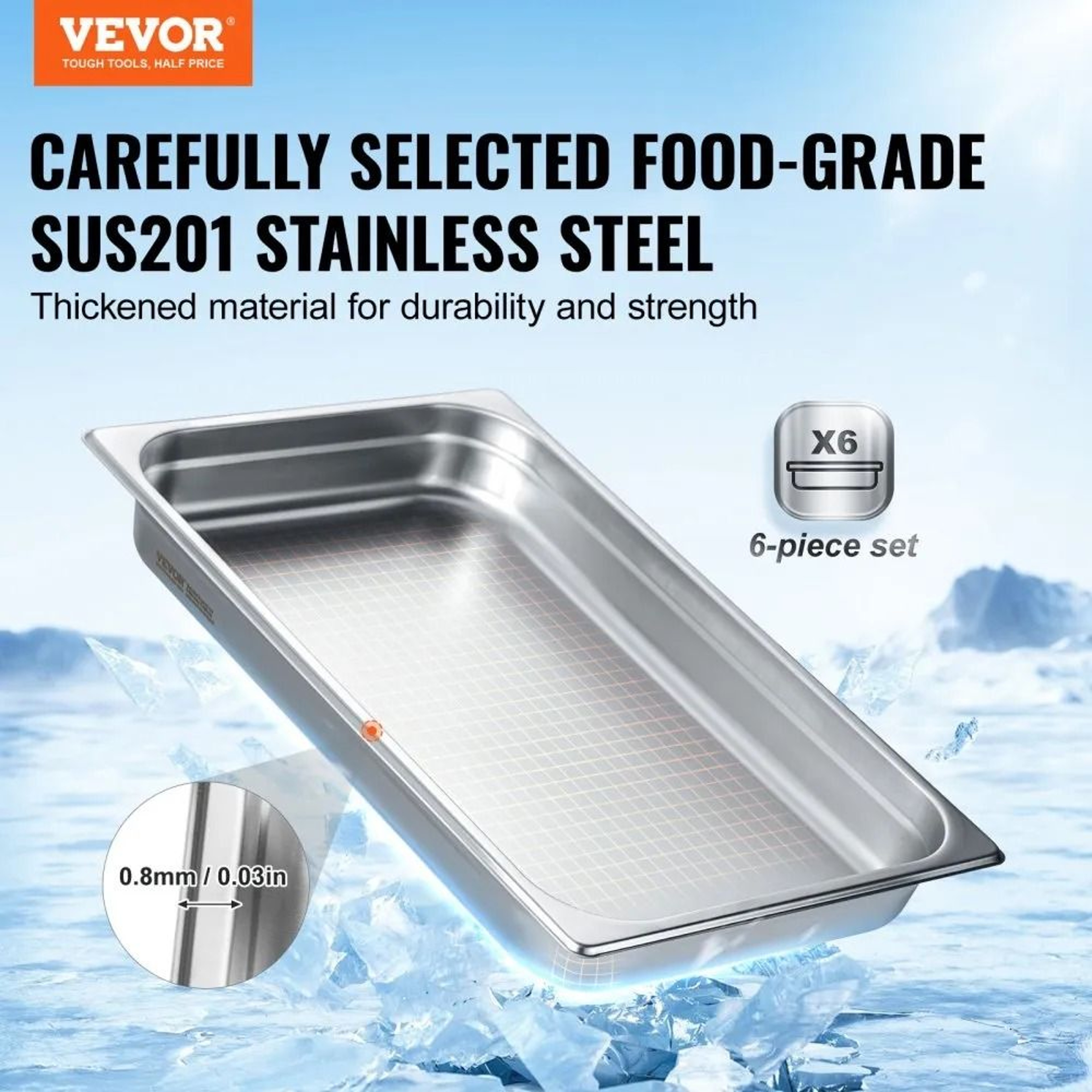 Full Size Stainless Steel Hotel Pans 6 Pack Anti Jam Commercial Steam Table Pans 1