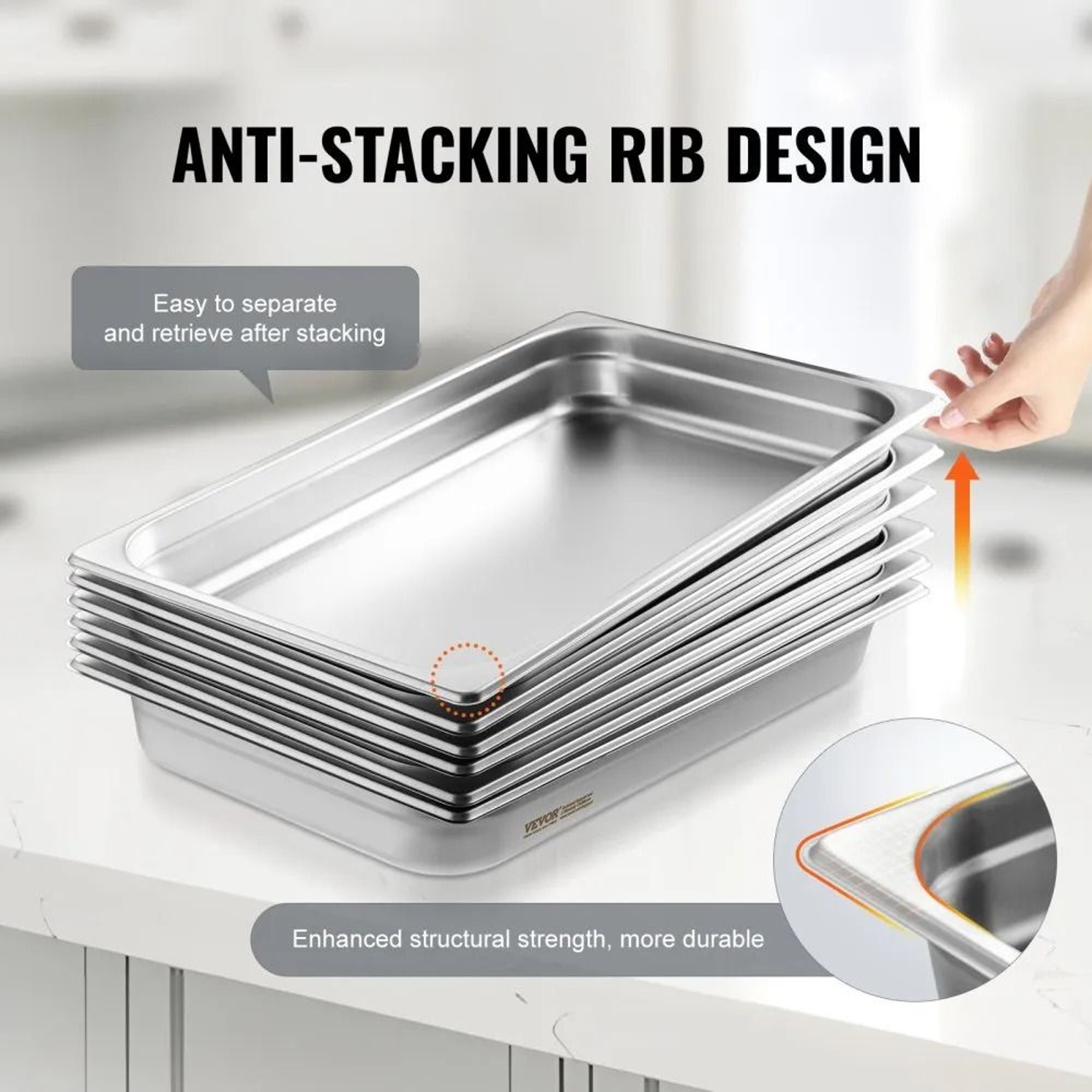 Full Size Stainless Steel Hotel Pans 6 Pack Anti Jam Commercial Steam Table Pans 3