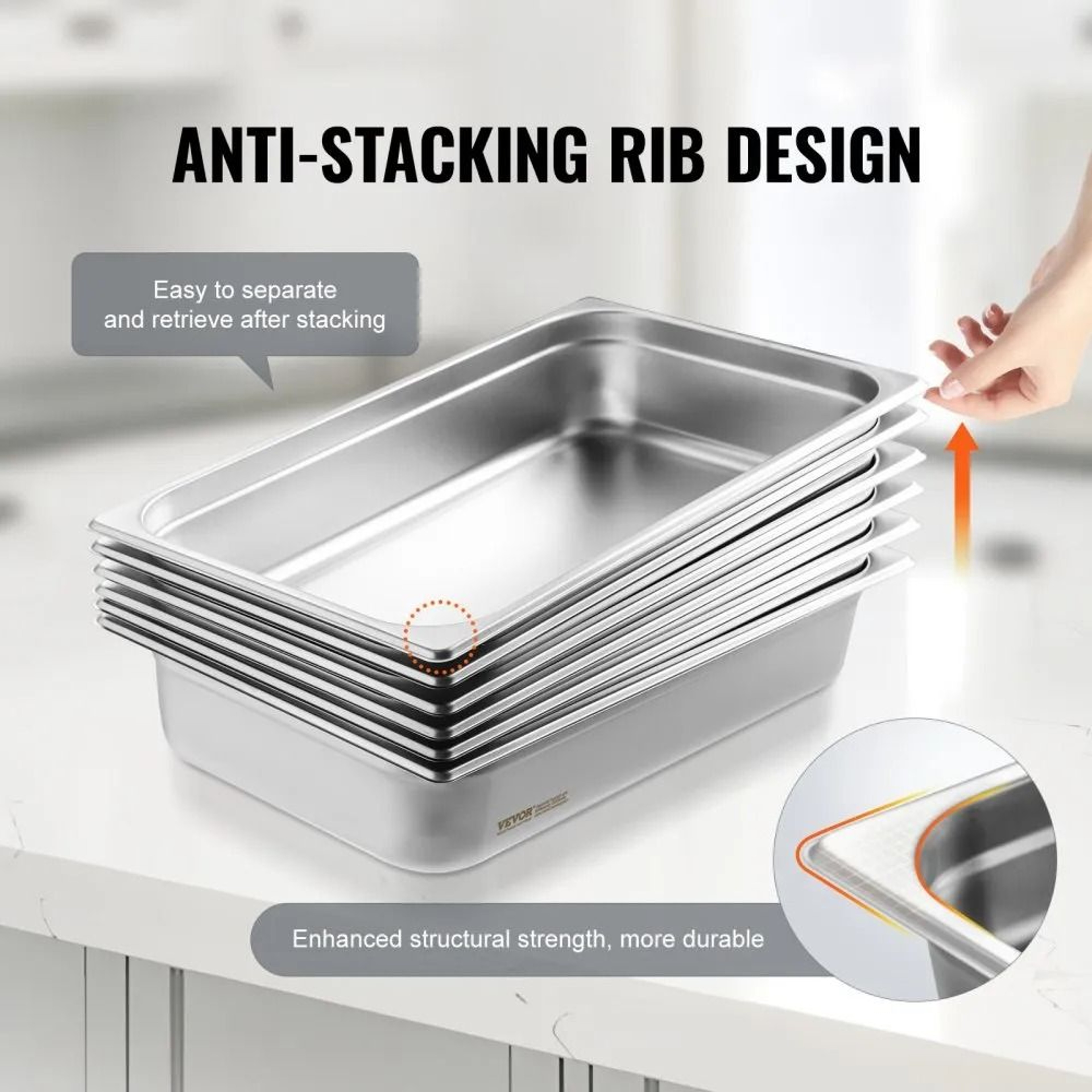 Full Size Stainless Steel Hotel Pans 6 Pack Anti Jam Steam Table Pans 3