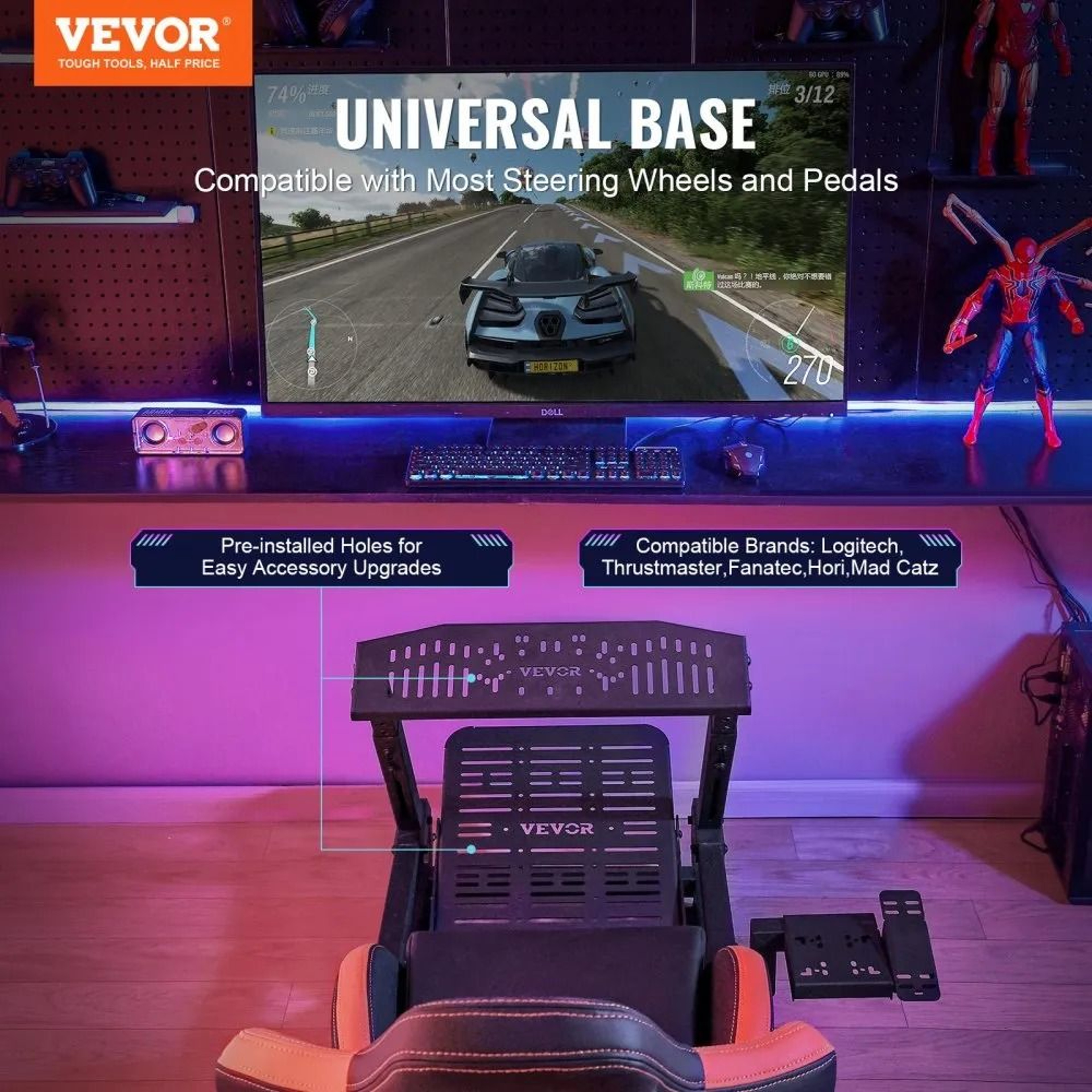Racing Wheel Stand With Seat Adjustable Steel Sim Racing Cockpit With Wheels 5