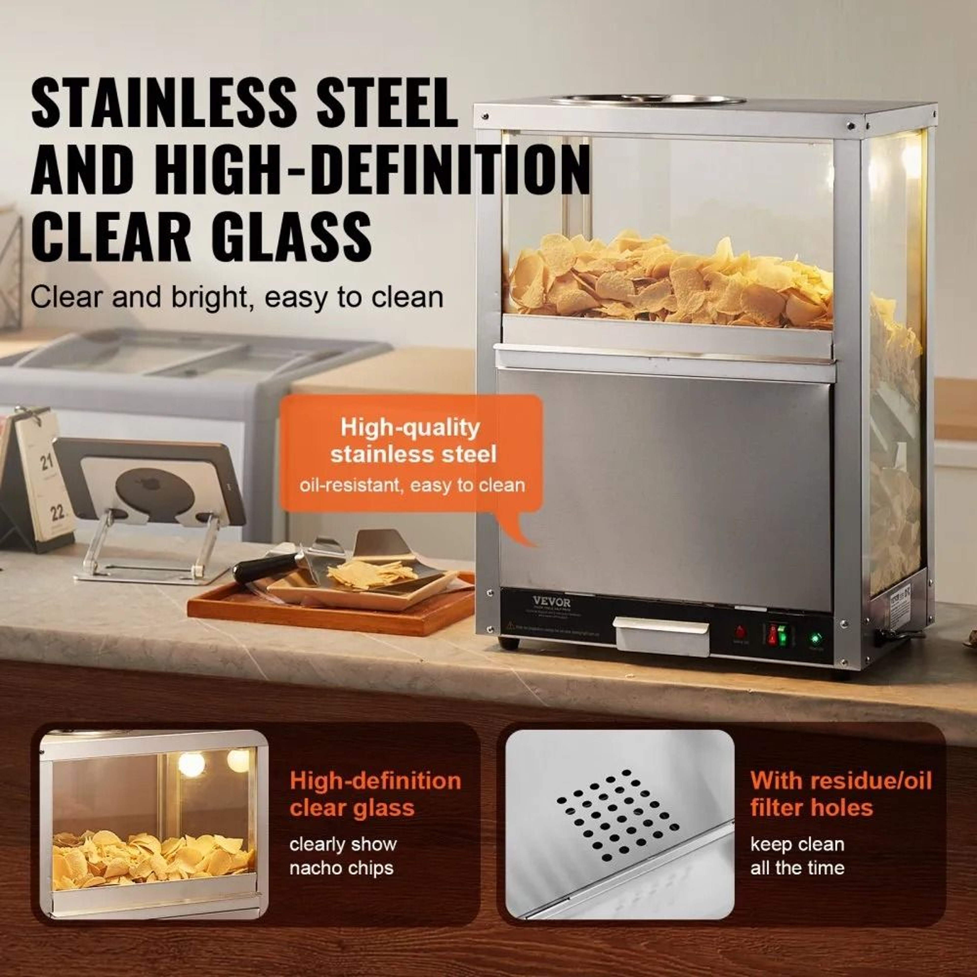 Commercial Nacho Chip Warmer 845QT Stainless Steel Snack Warmer With Heating Base And Light 2