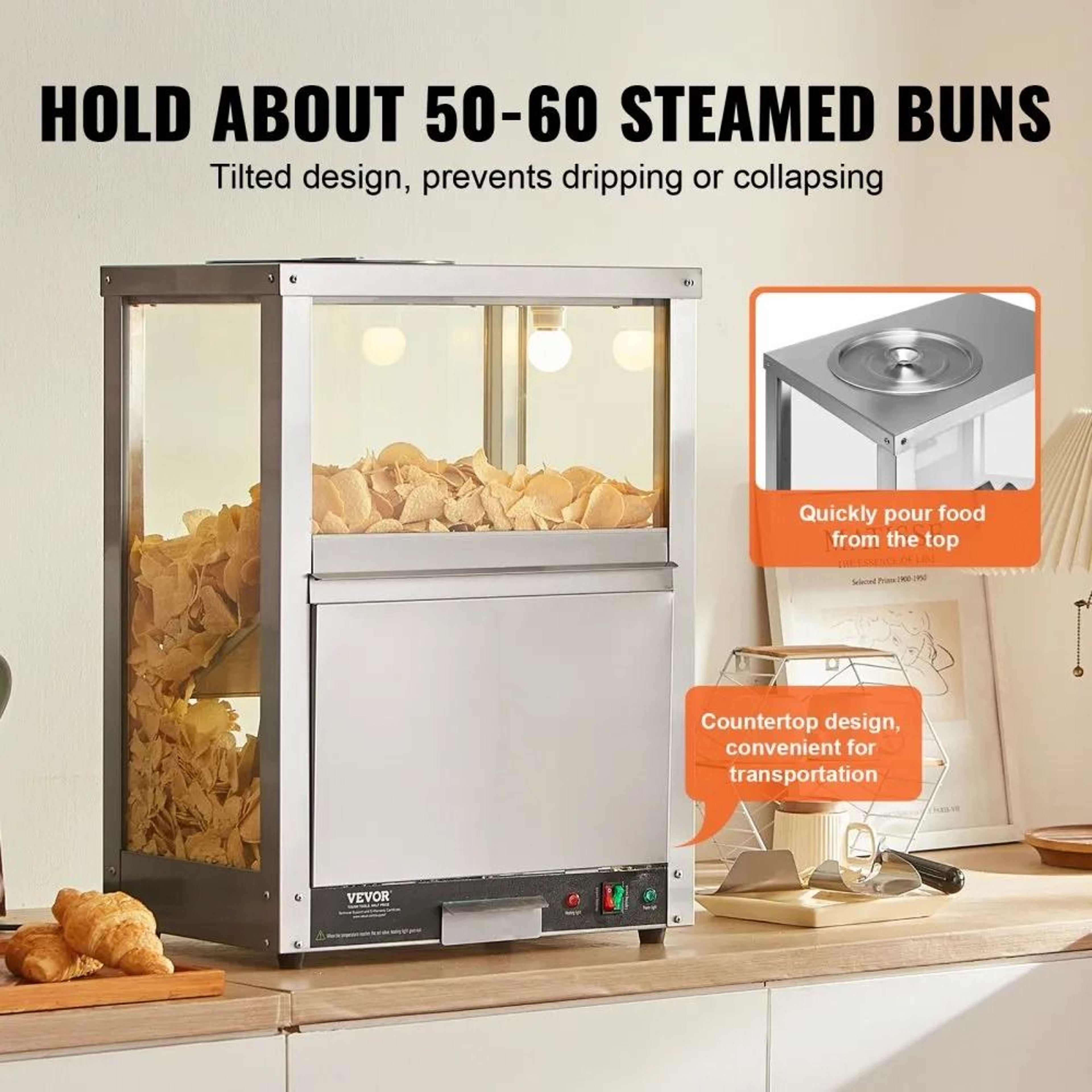 Commercial Nacho Chip Warmer 845QT Stainless Steel Snack Warmer With Heating Base And Light 4