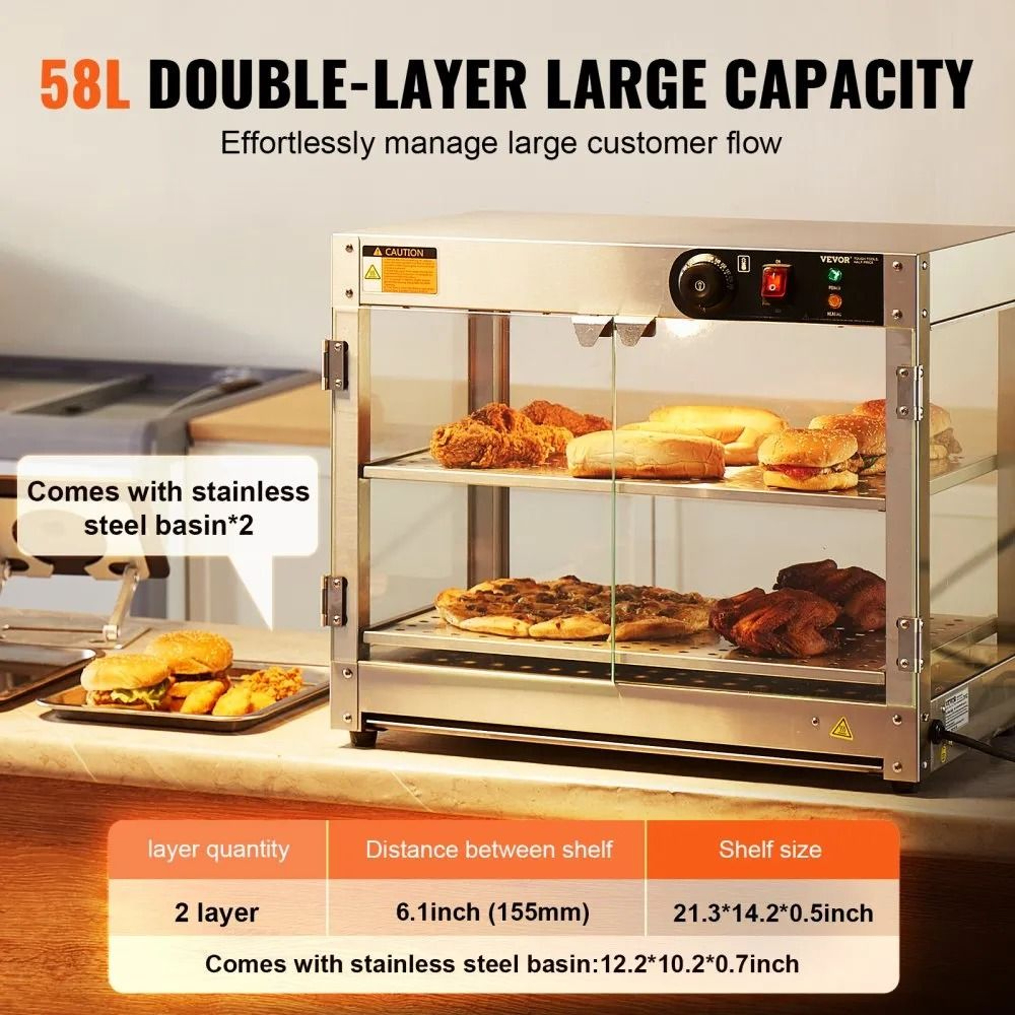 2 Tier Commercial Food Warmer 58L Countertop Food Display Warmer With LED Light 4