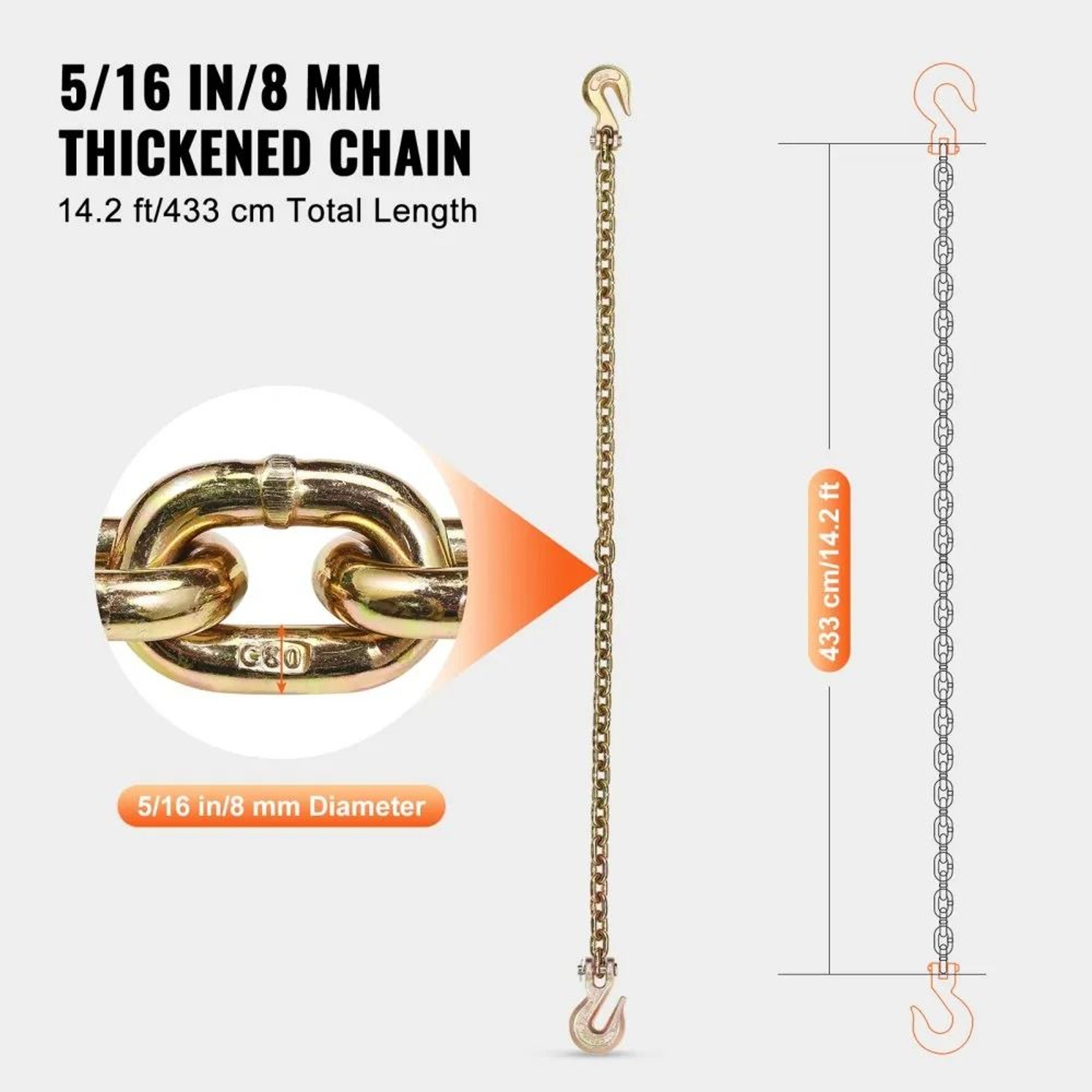 G80 Transport Binder Chain 142 Ft Heavy Duty Tow Chain With Clevis Grab Hooks 4900 Lb Capacity 4
