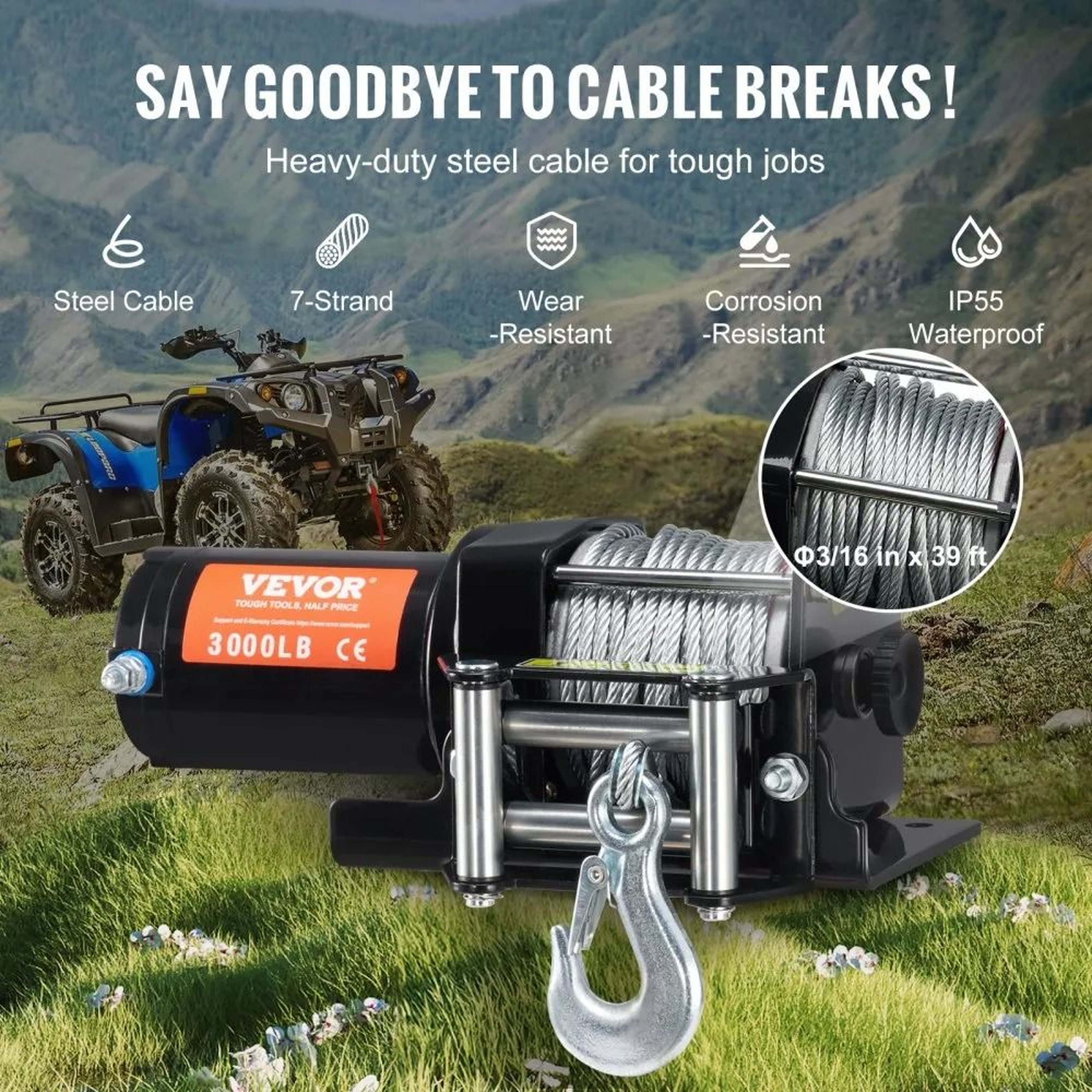 3000 Lb Electric Winch 12V DC ATV UTV Recovery Winch With Steel Cable And Wired Remote 1