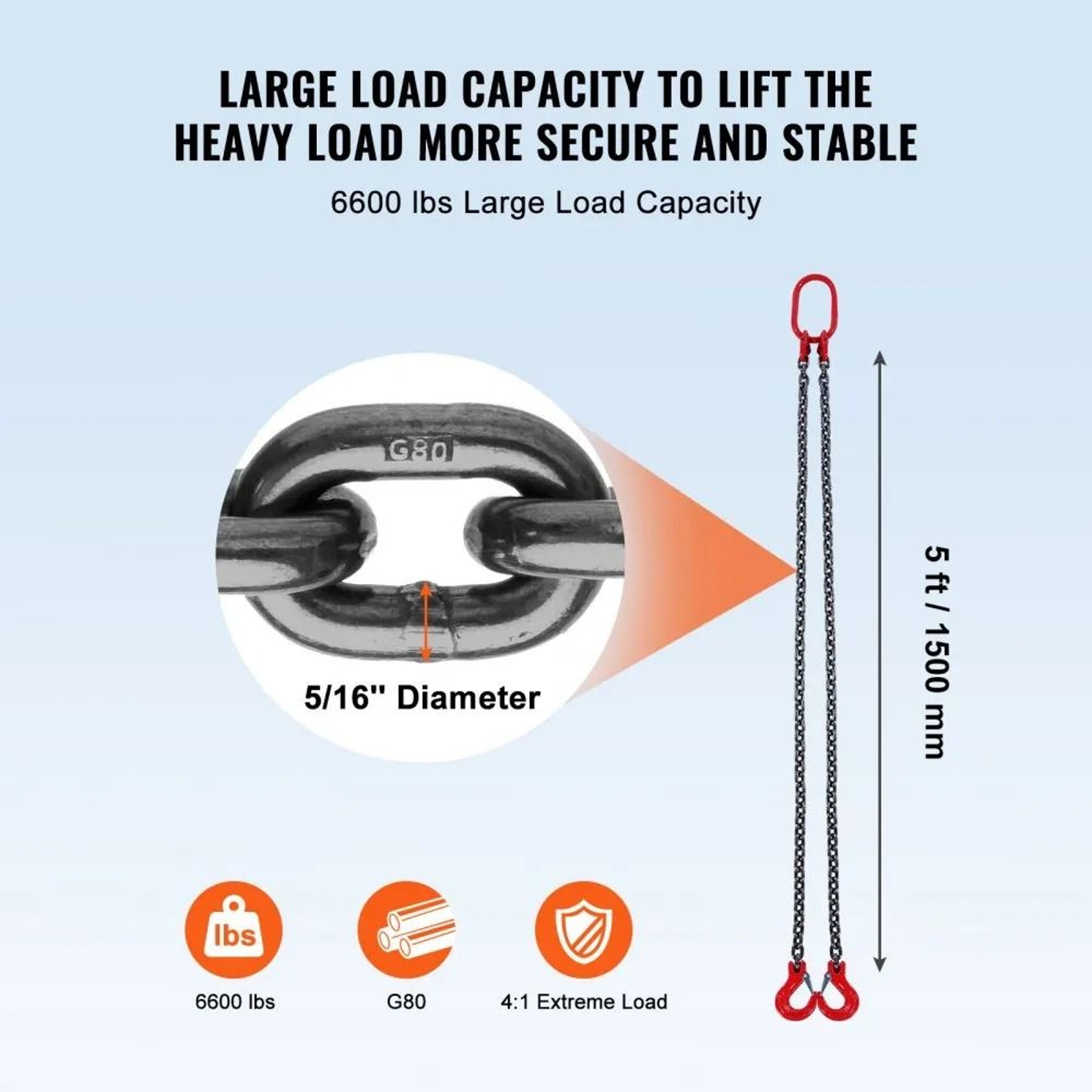 516 In G80 Chain Sling With Hooks 5 Ft Lifting Chain 6600 Lbs Capacity 4