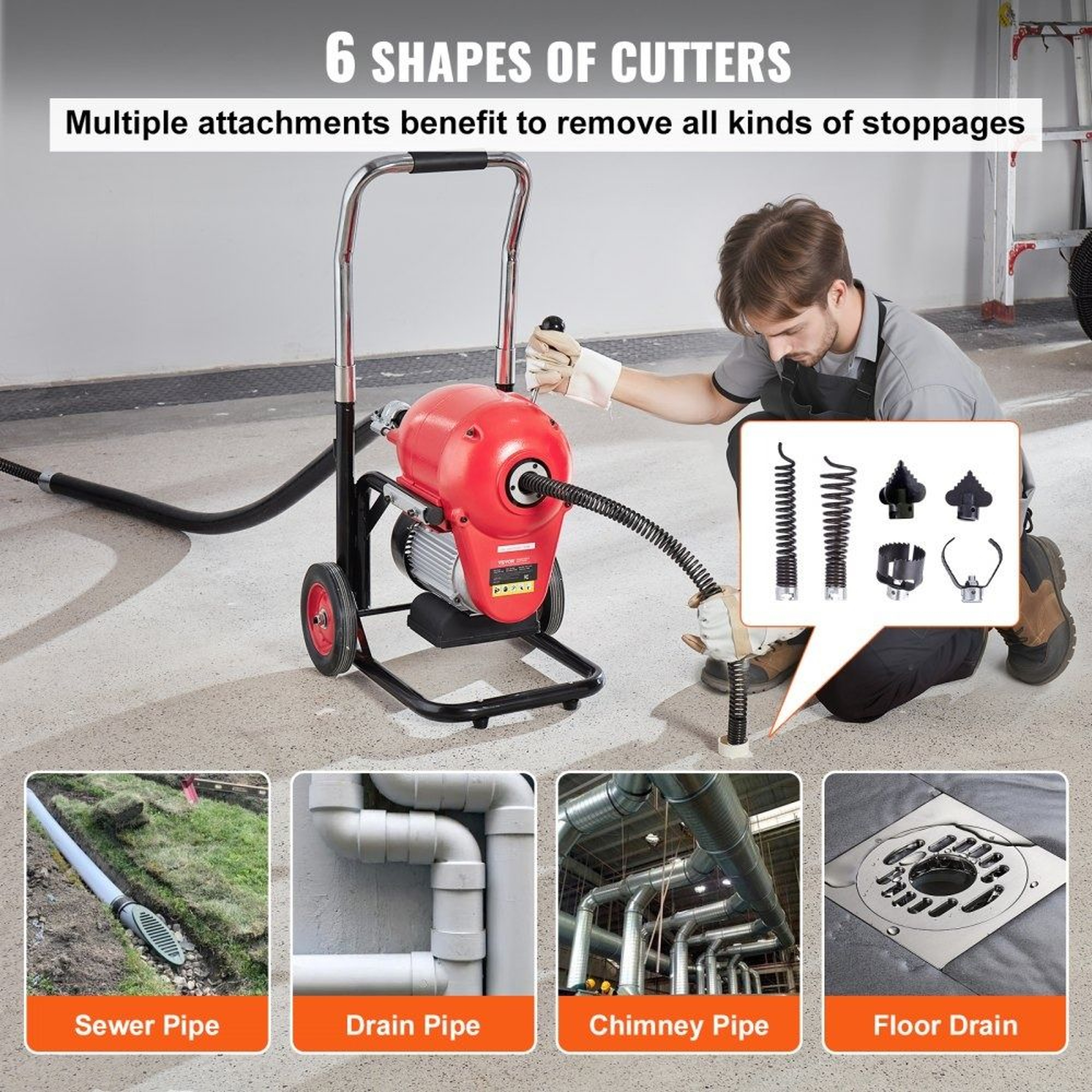 Drain Cleaner Machine 120FT Electric Sewer Snake Auger With 1100W Motor And 6 Cutters 2