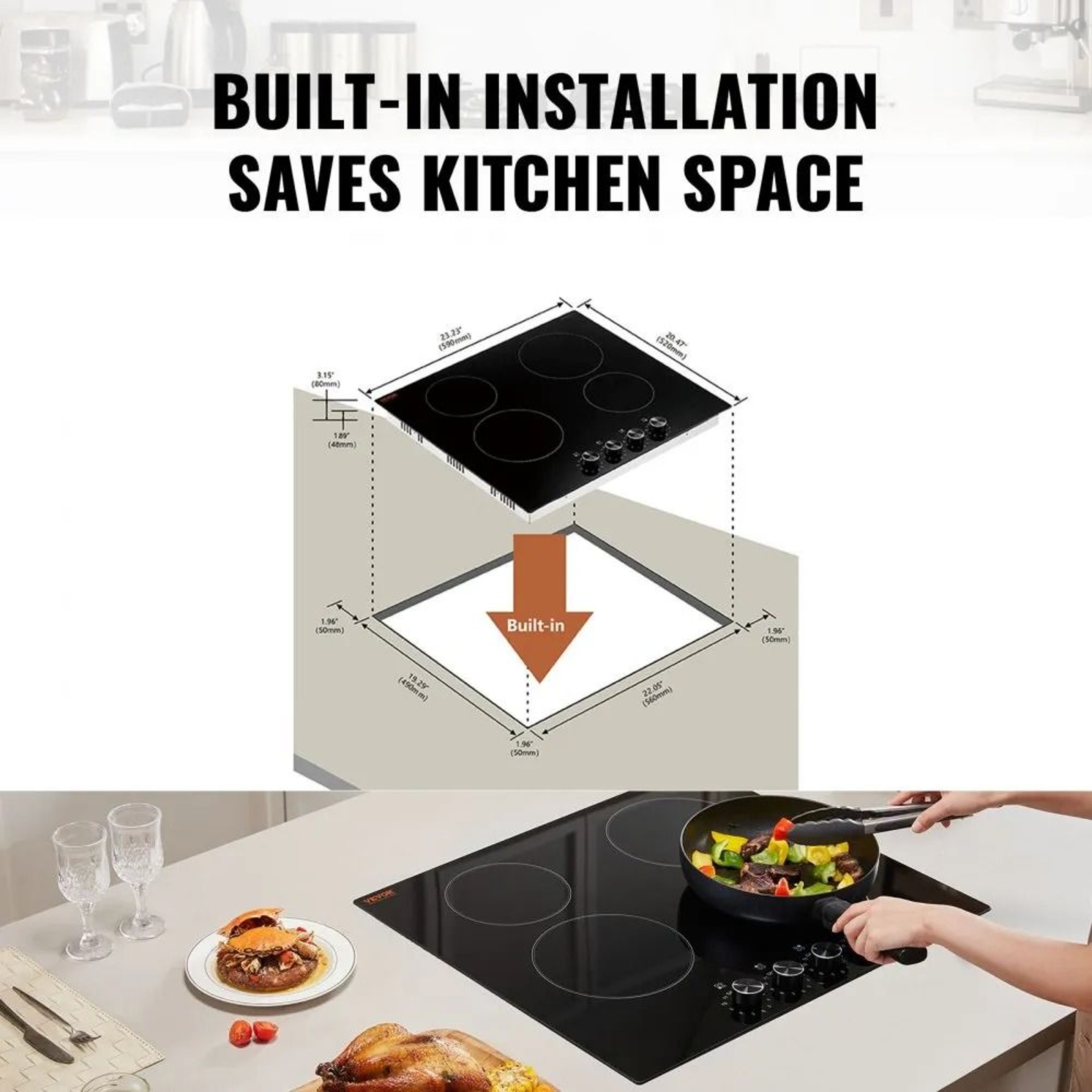 24 Inch Electric Cooktop 4 Burner 6000W Ceramic Radiant Stove Top With Knob Controls 2
