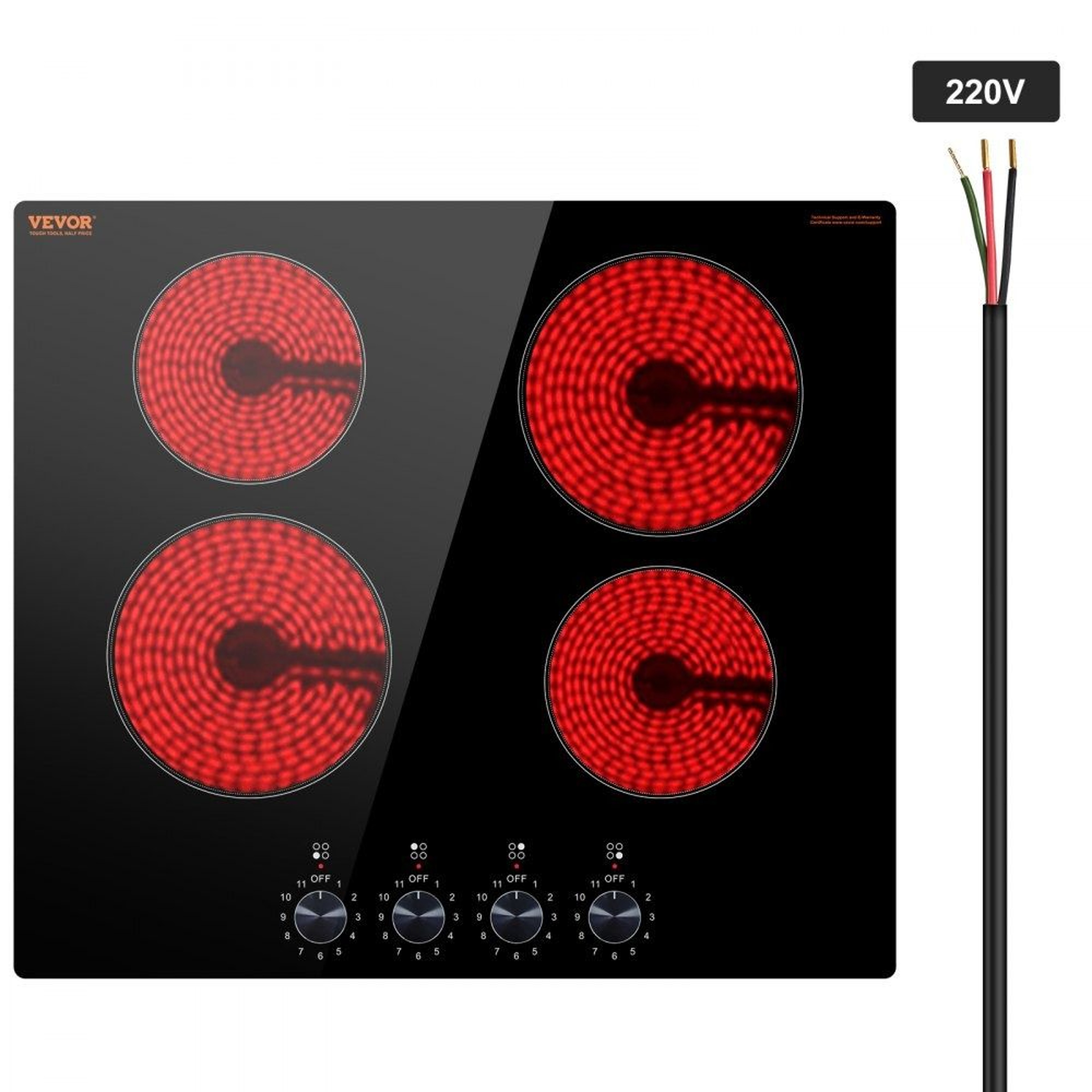 24 Inch Electric Cooktop 4 Burner 6000W Ceramic Radiant Stove Top With Knob Controls 0