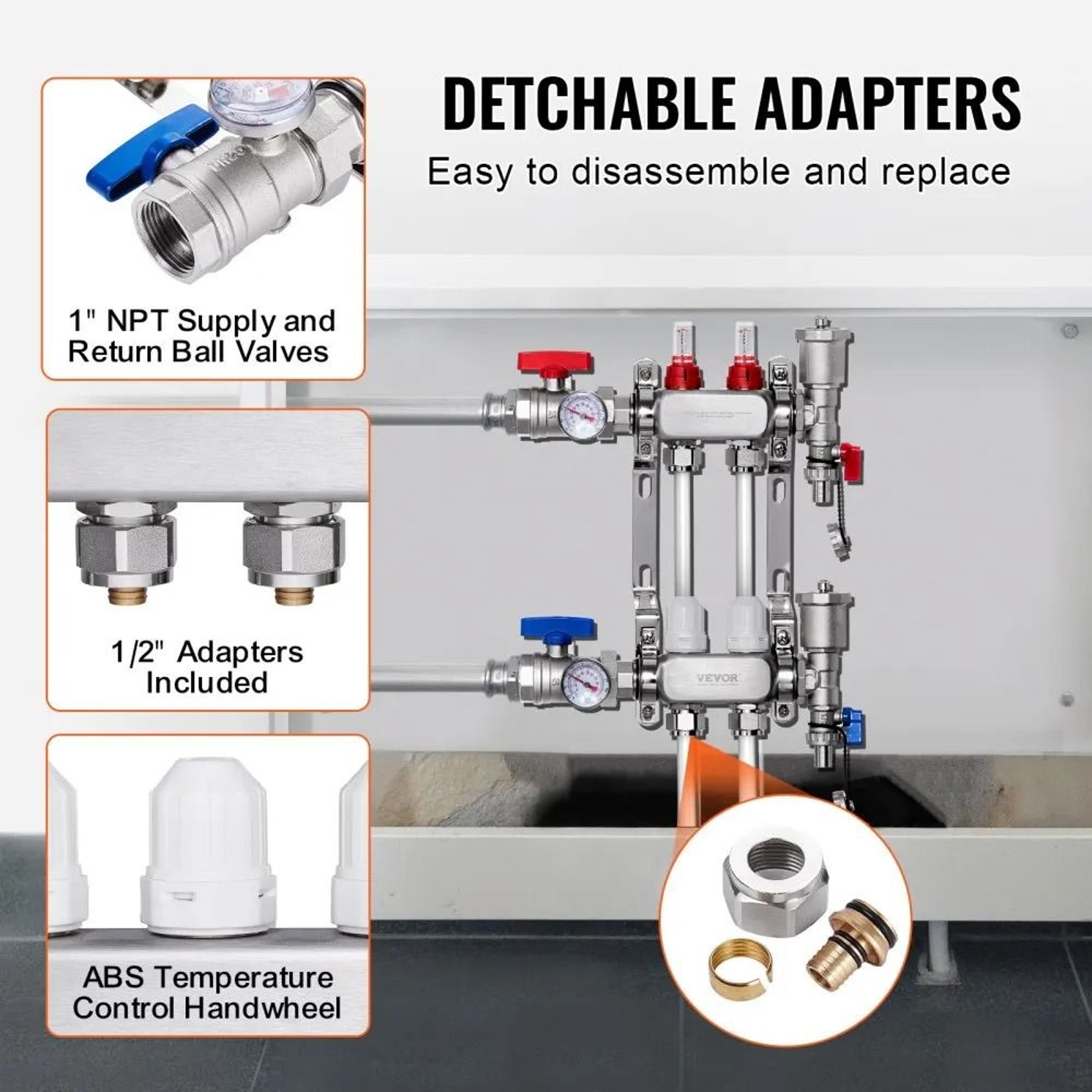 2 Branch Radiant Heat Manifold 12 Inch PEX Tubing Manifold Stainless Steel Hydronic Floor Heating K 1
