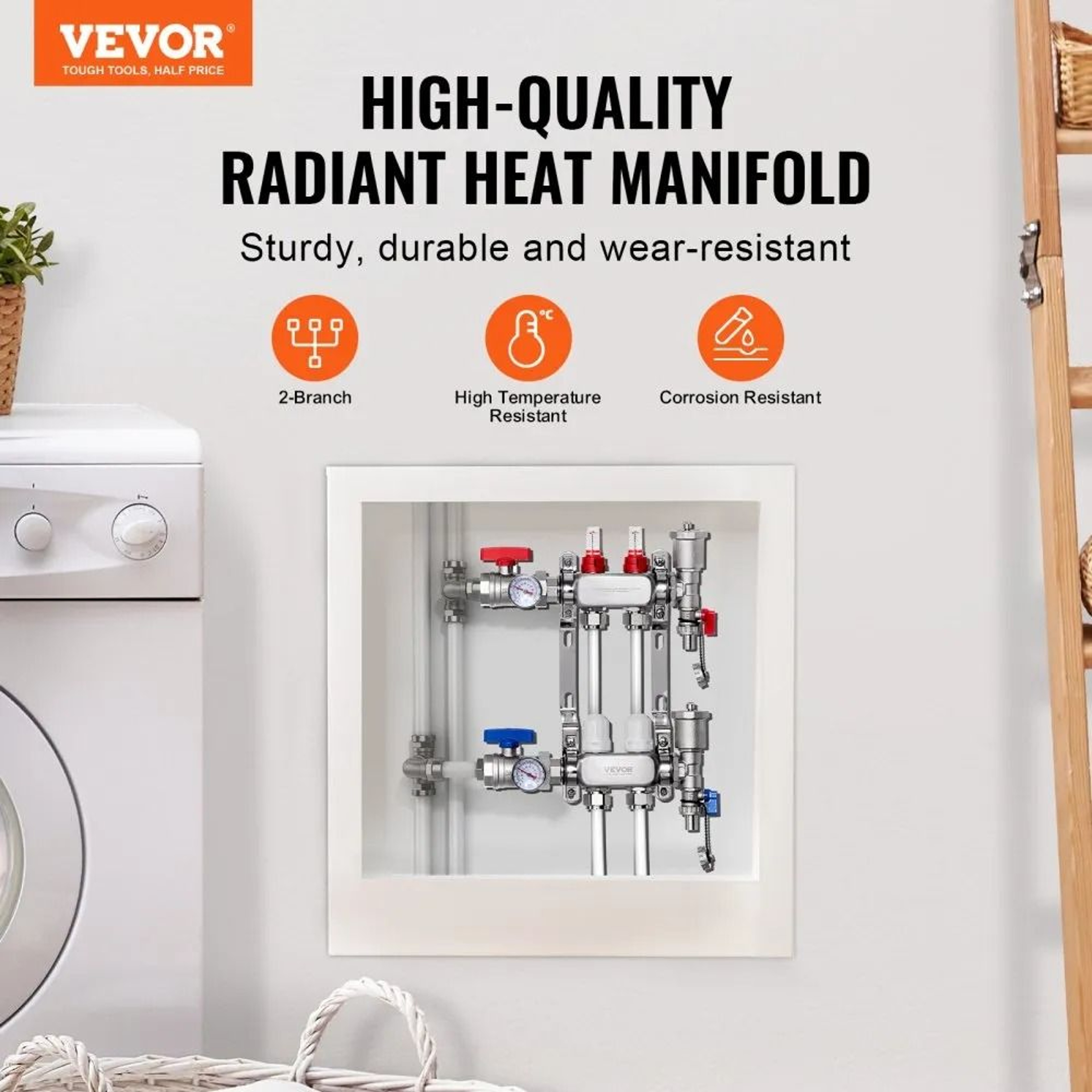 2 Branch Radiant Heat Manifold 12 Inch PEX Tubing Manifold Stainless Steel Hydronic Floor Heating K 2