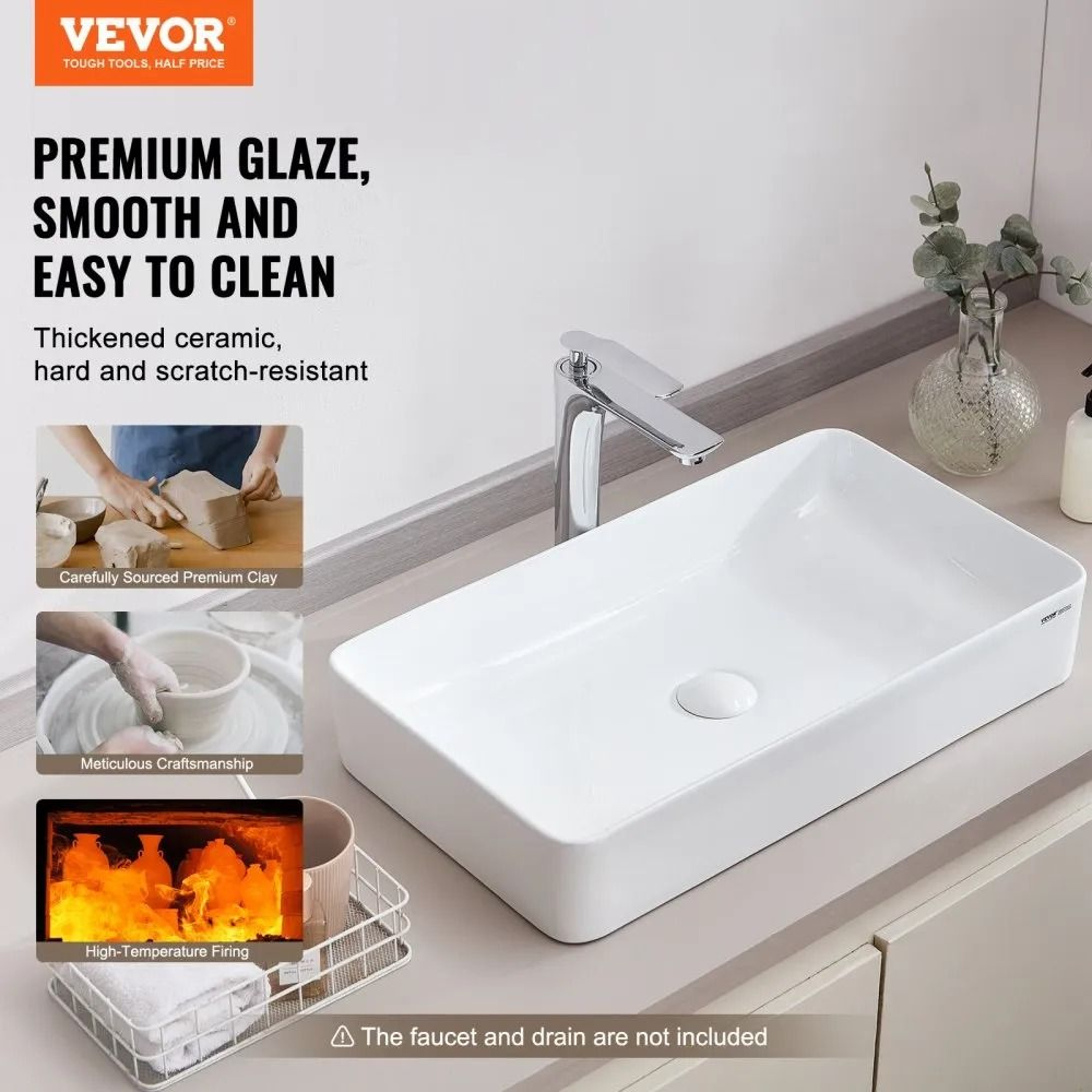 Rectangle Vessel Sink 24 X 138 Inch White Ceramic Countertop Bathroom Sink Modern Design 1