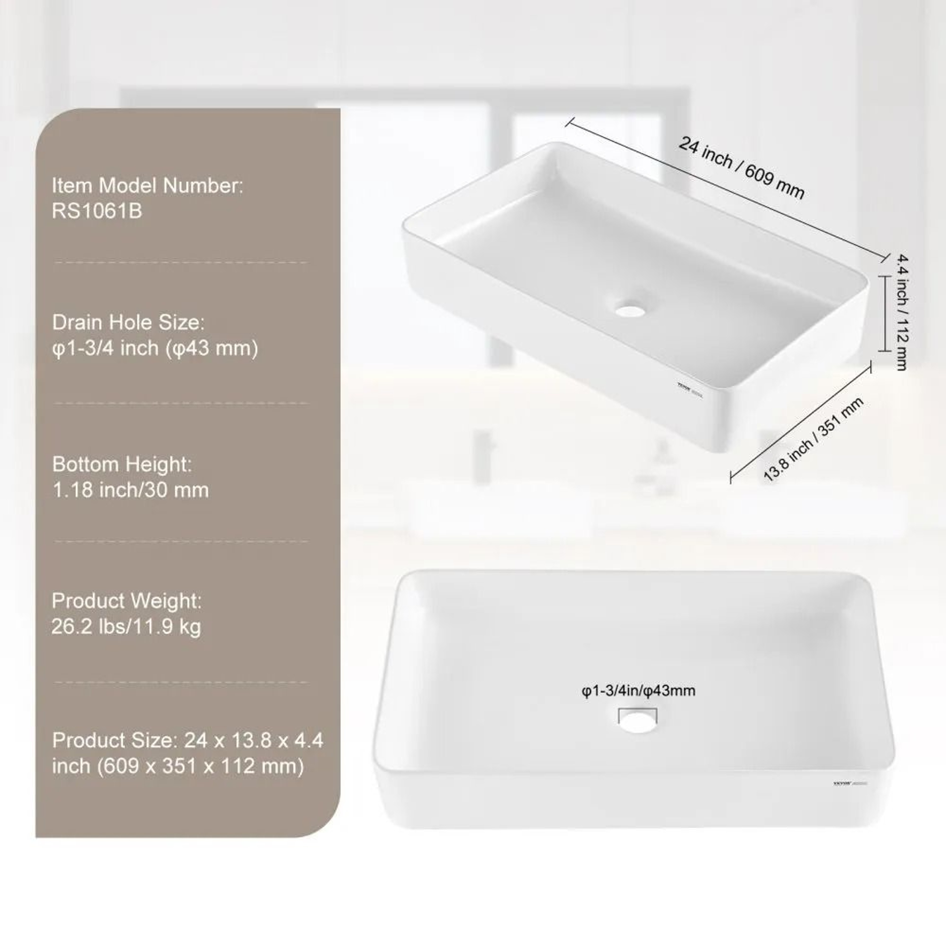 Rectangle Vessel Sink 24 X 138 Inch White Ceramic Countertop Bathroom Sink Modern Design 6