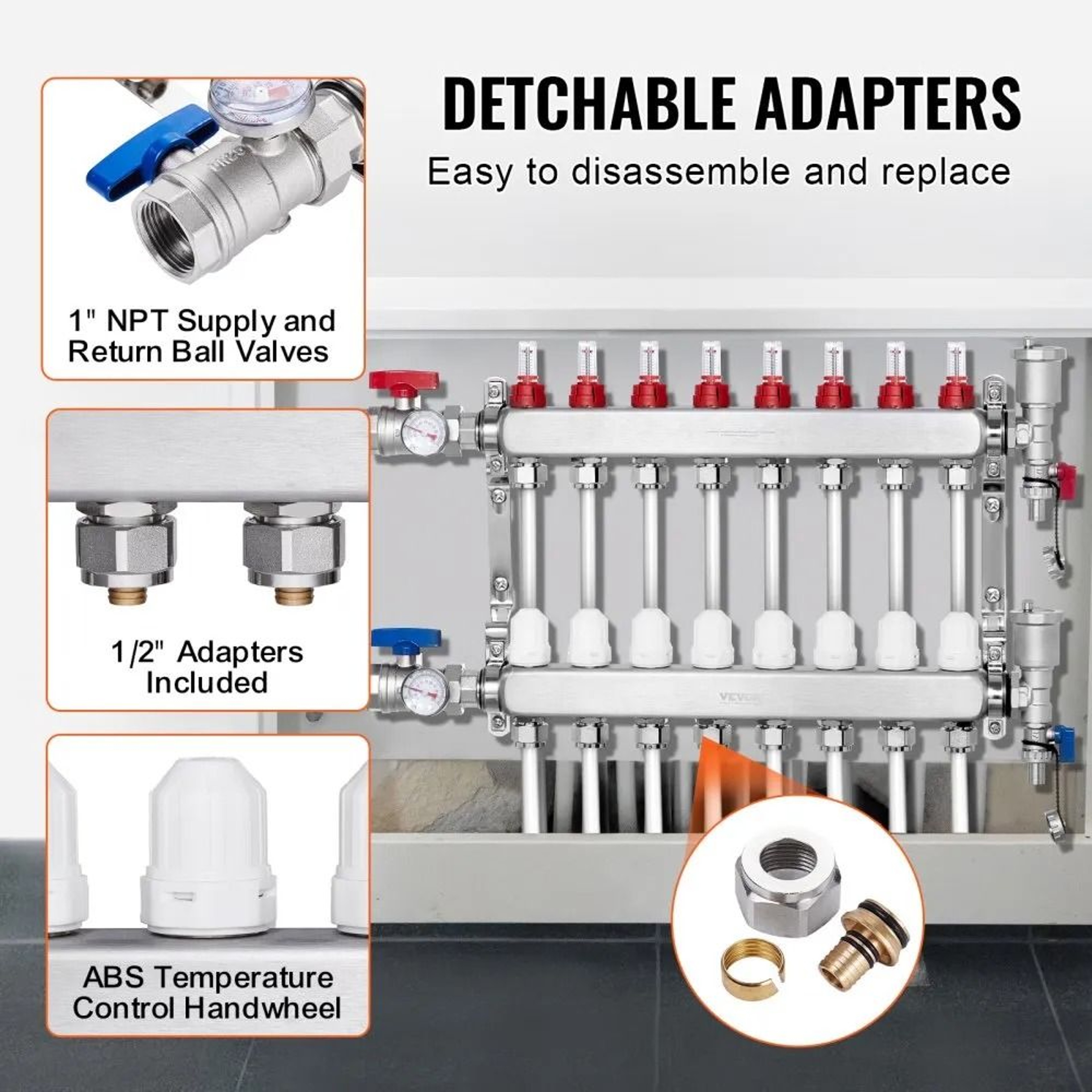 8 Branch Radiant Heat Manifold 12 Inch PEX Tubing Manifold Stainless Steel Hydronic Heating Kit 2