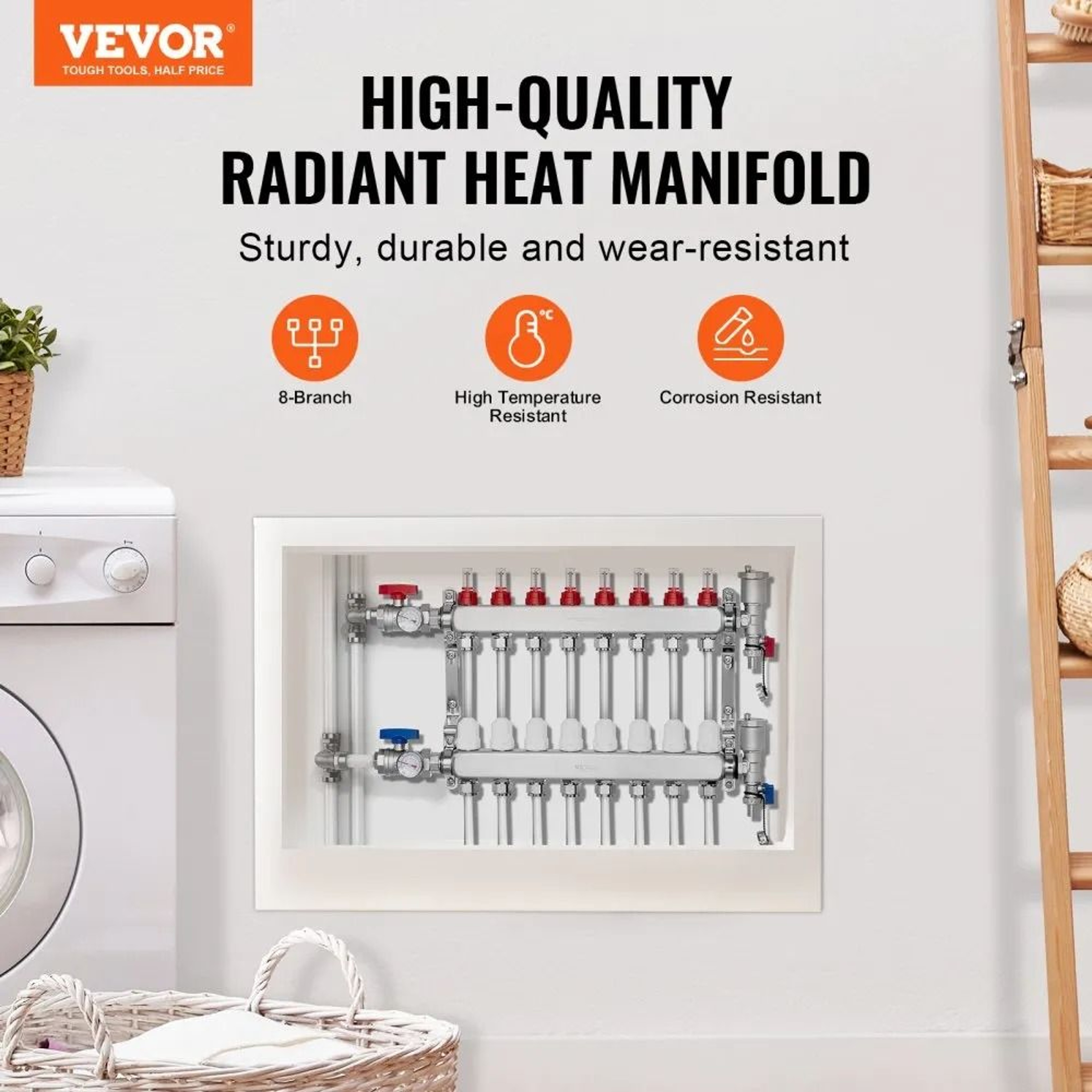 8 Branch Radiant Heat Manifold 12 Inch PEX Tubing Manifold Stainless Steel Hydronic Heating Kit 6