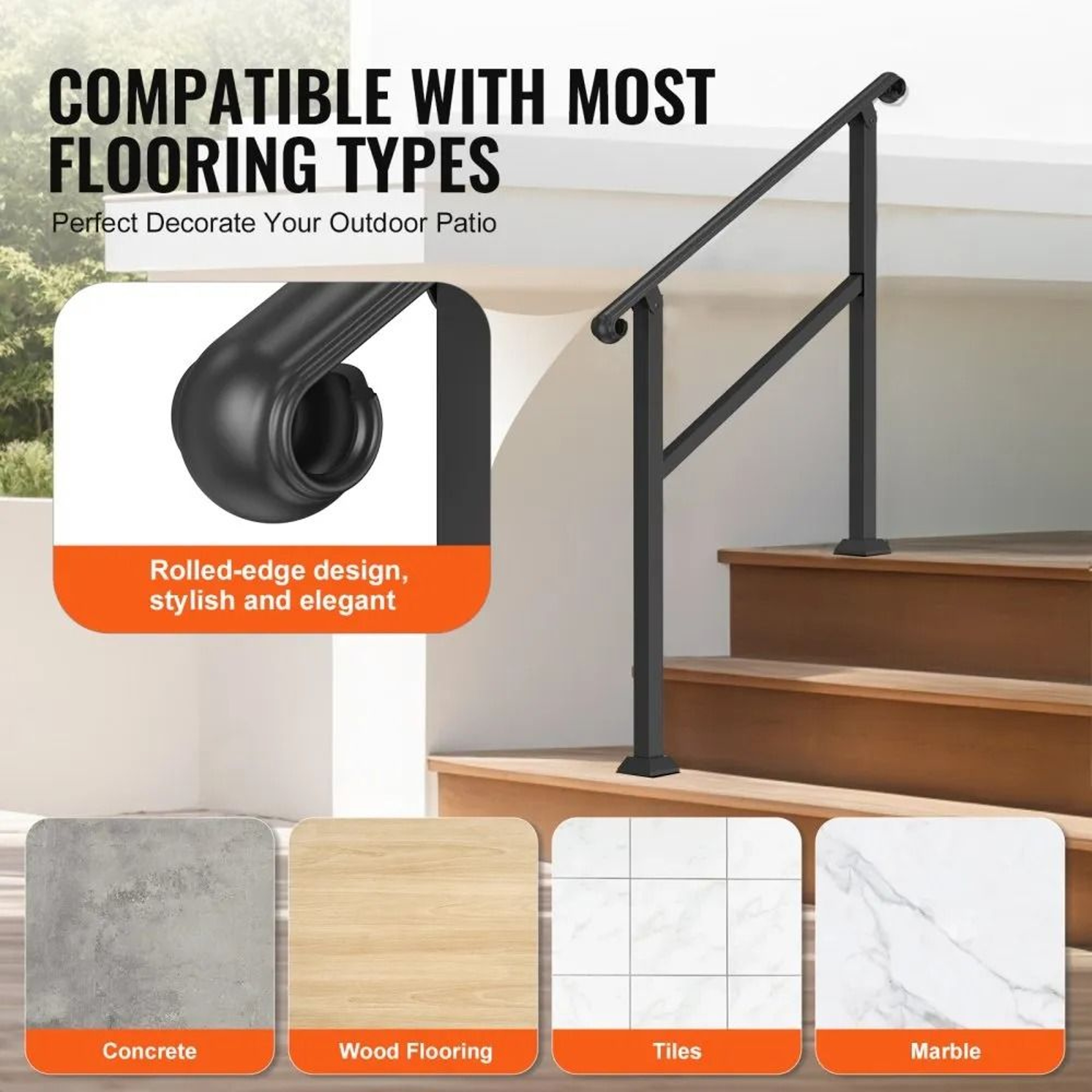 Outdoor Stair Handrail For 2 To 3 Steps Adjustable Carbon Steel Porch Railing Kit 4