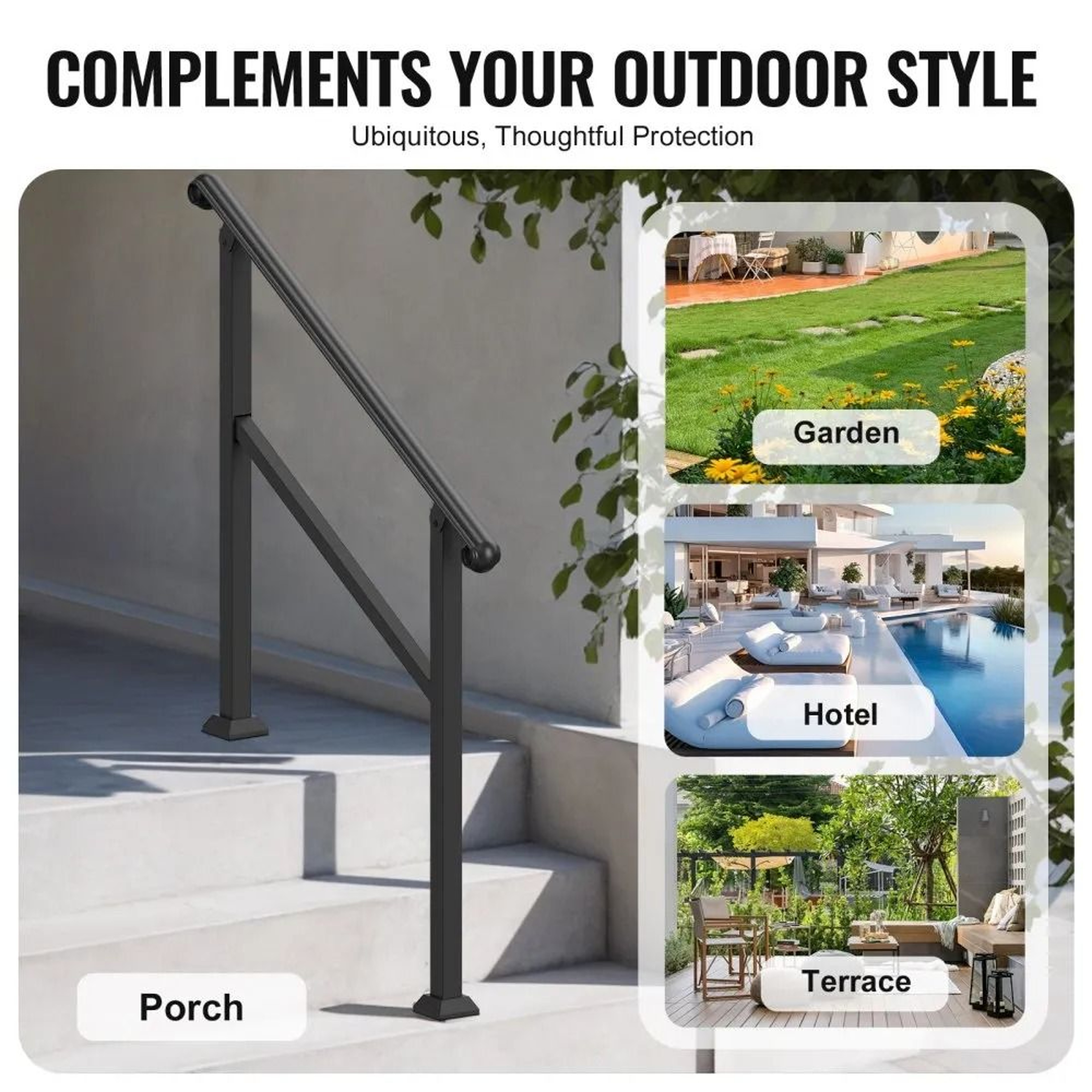Outdoor Stair Handrail For 2 To 3 Steps Adjustable Carbon Steel Porch Railing Kit 3