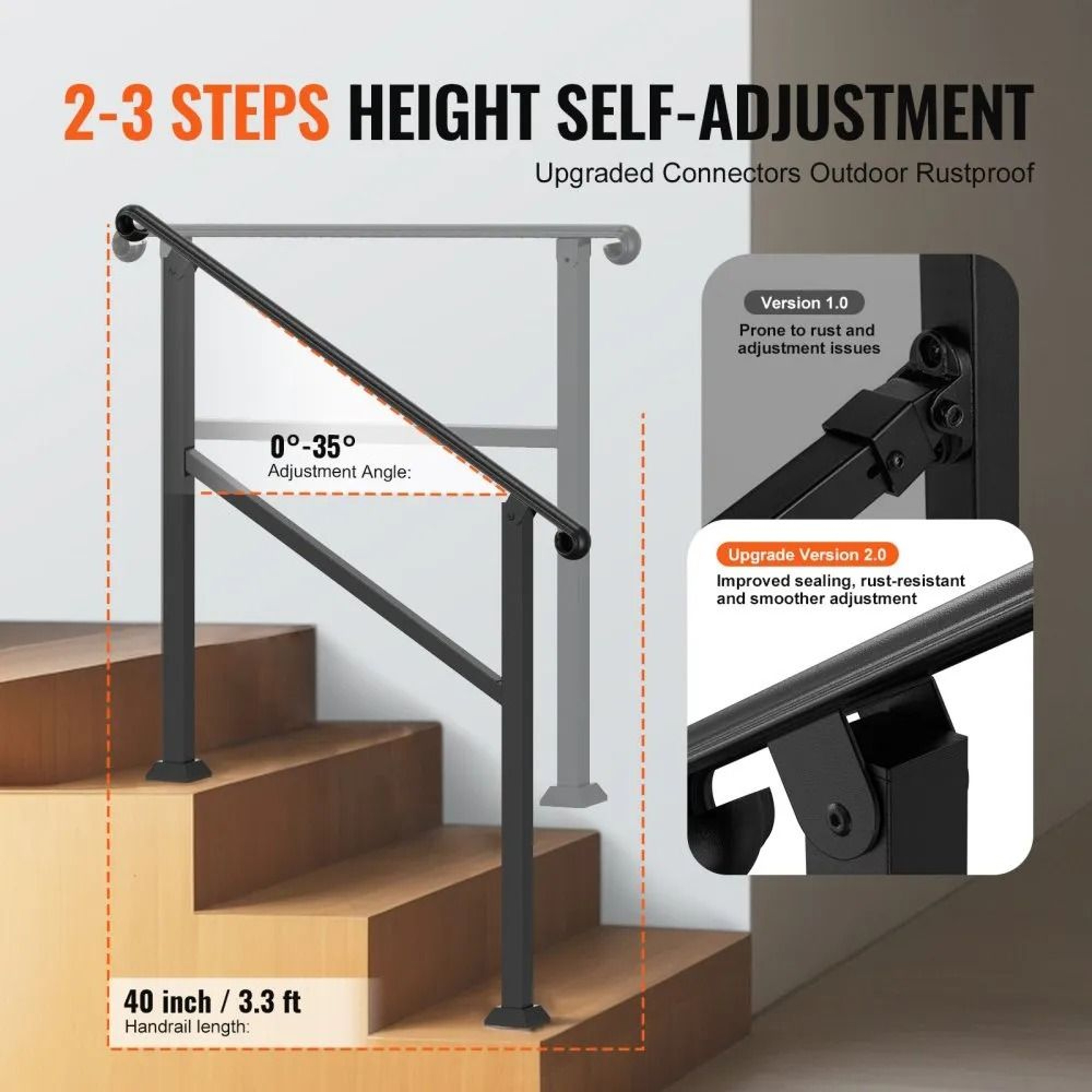 Outdoor Stair Handrail For 2 To 3 Steps Adjustable Carbon Steel Porch Railing Kit 1