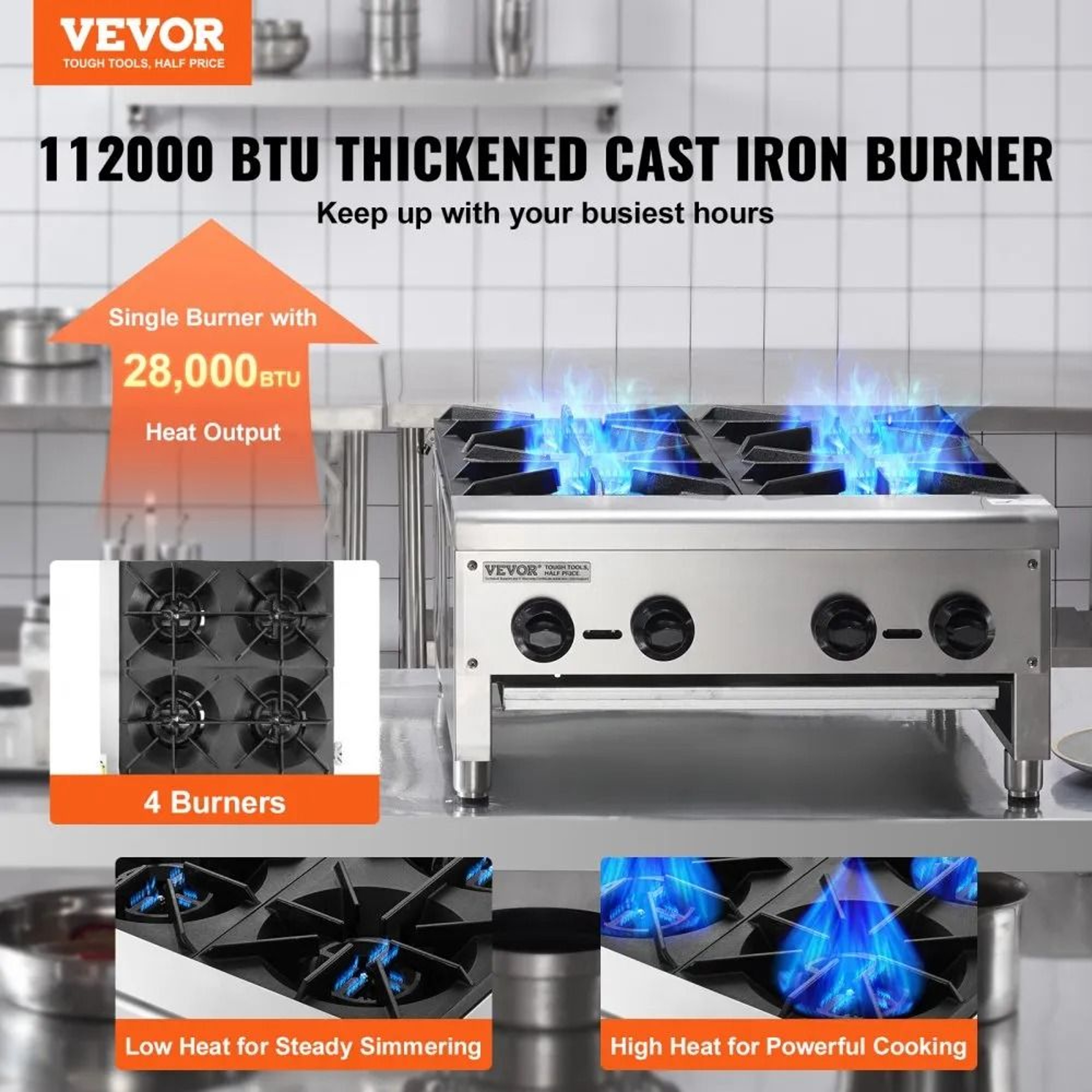 Commercial 4 Burner Gas Stove 112000 BTU Stainless Steel Countertop Range 1