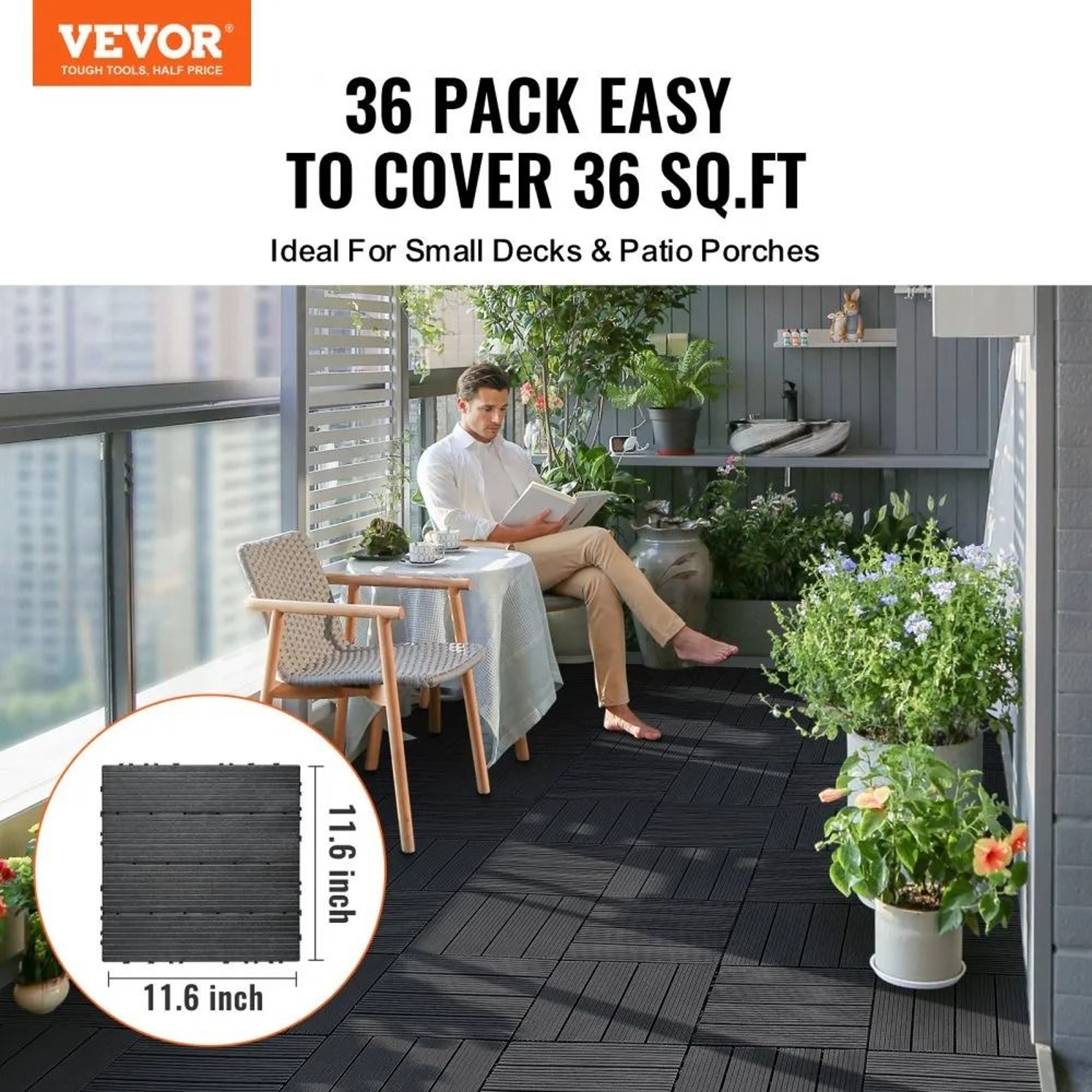 Interlocking Deck Tiles 36 Pack Waterproof PP Outdoor Flooring 36 Sq Ft Dark Grey 2