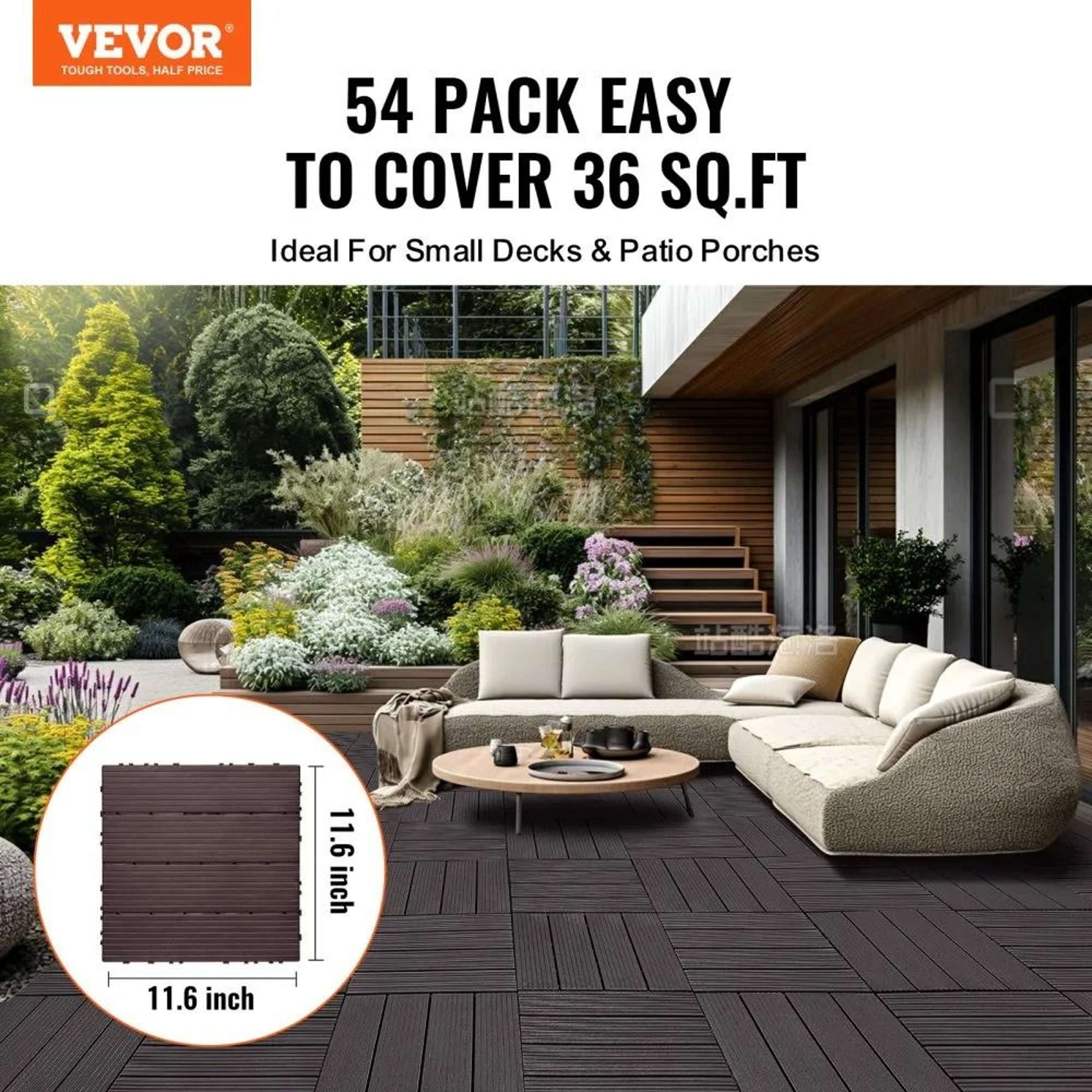 54 Piece Interlocking Deck Tiles Waterproof PP Outdoor Flooring Dark Brown 3