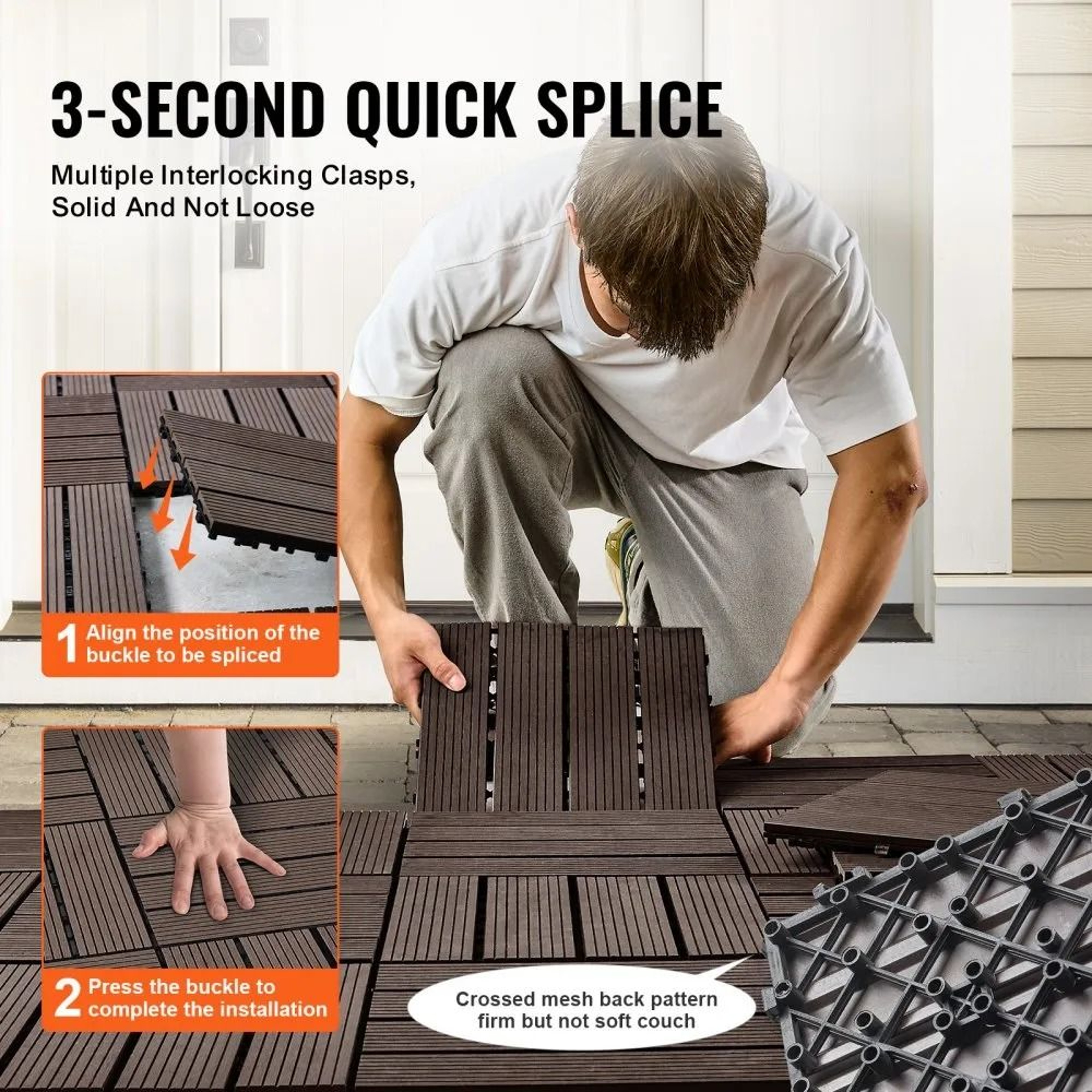 Interlocking Deck Tiles 10 Pack Waterproof WPC Outdoor Flooring Dark Brown 3