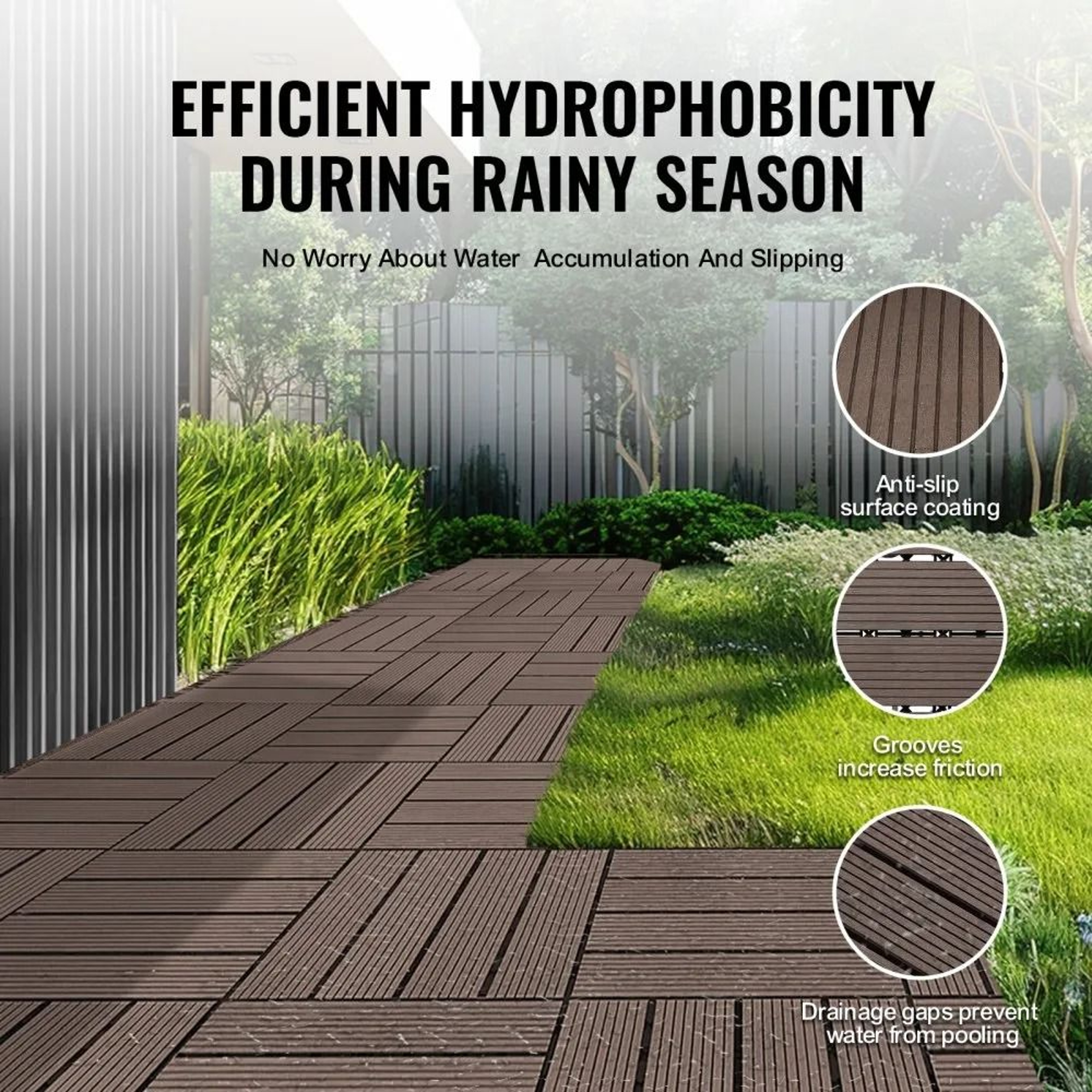 Interlocking Deck Tiles 10 Pack Waterproof WPC Outdoor Flooring Dark Brown 4