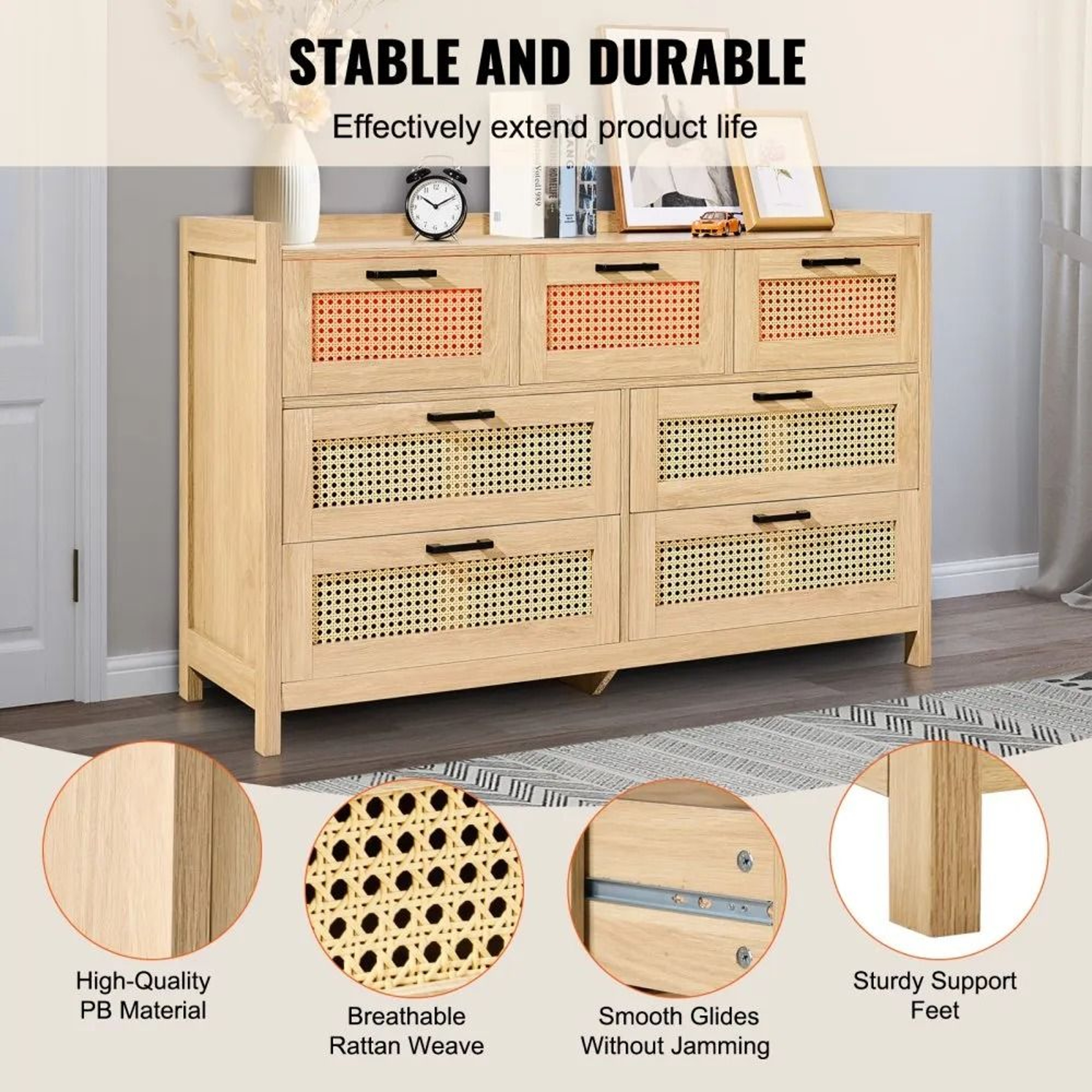 7 Drawer Rattan Dresser With LED Light Natural Wood Storage Chest 1