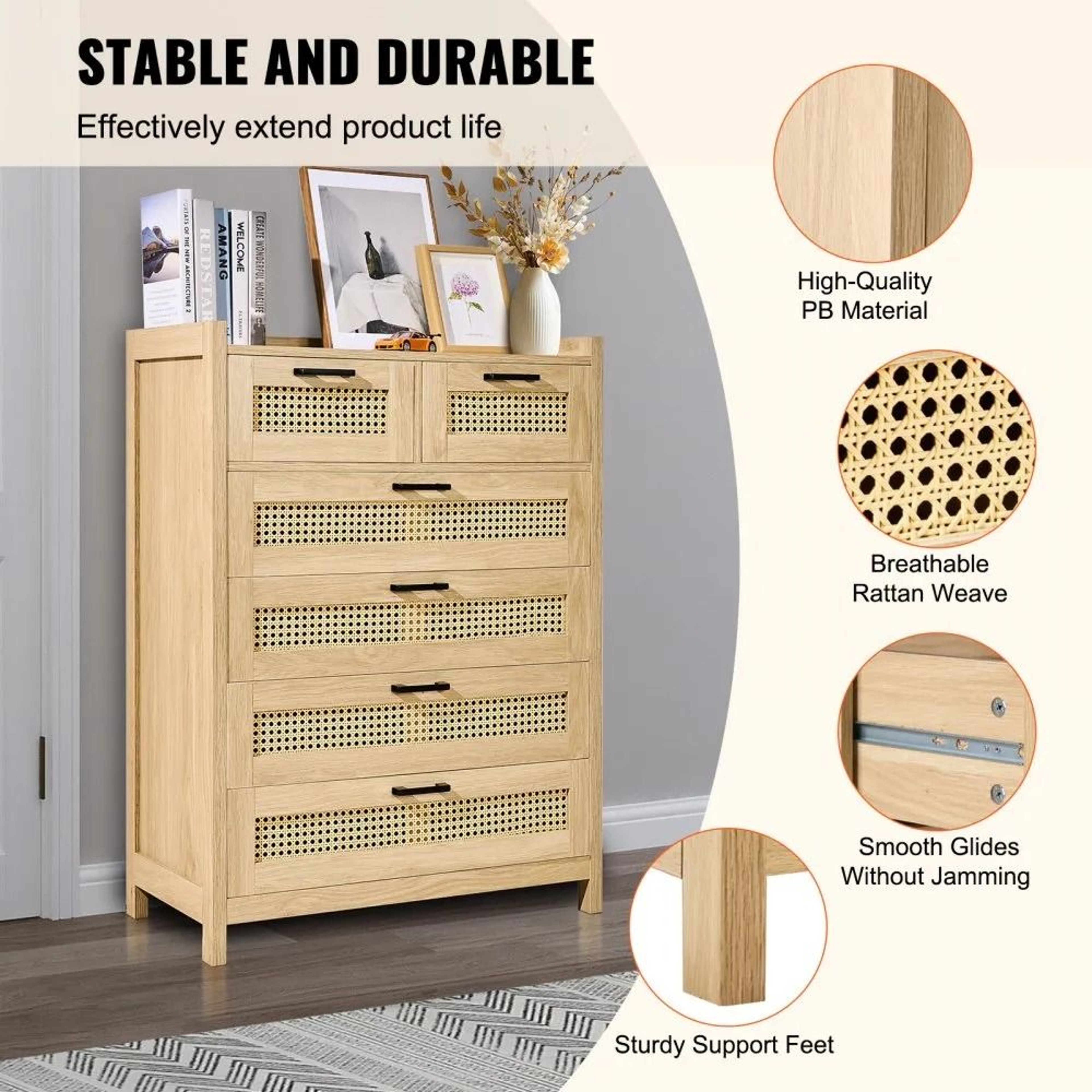 5 Drawer Rattan Dresser With LED Lighting And Spacious Storage 1