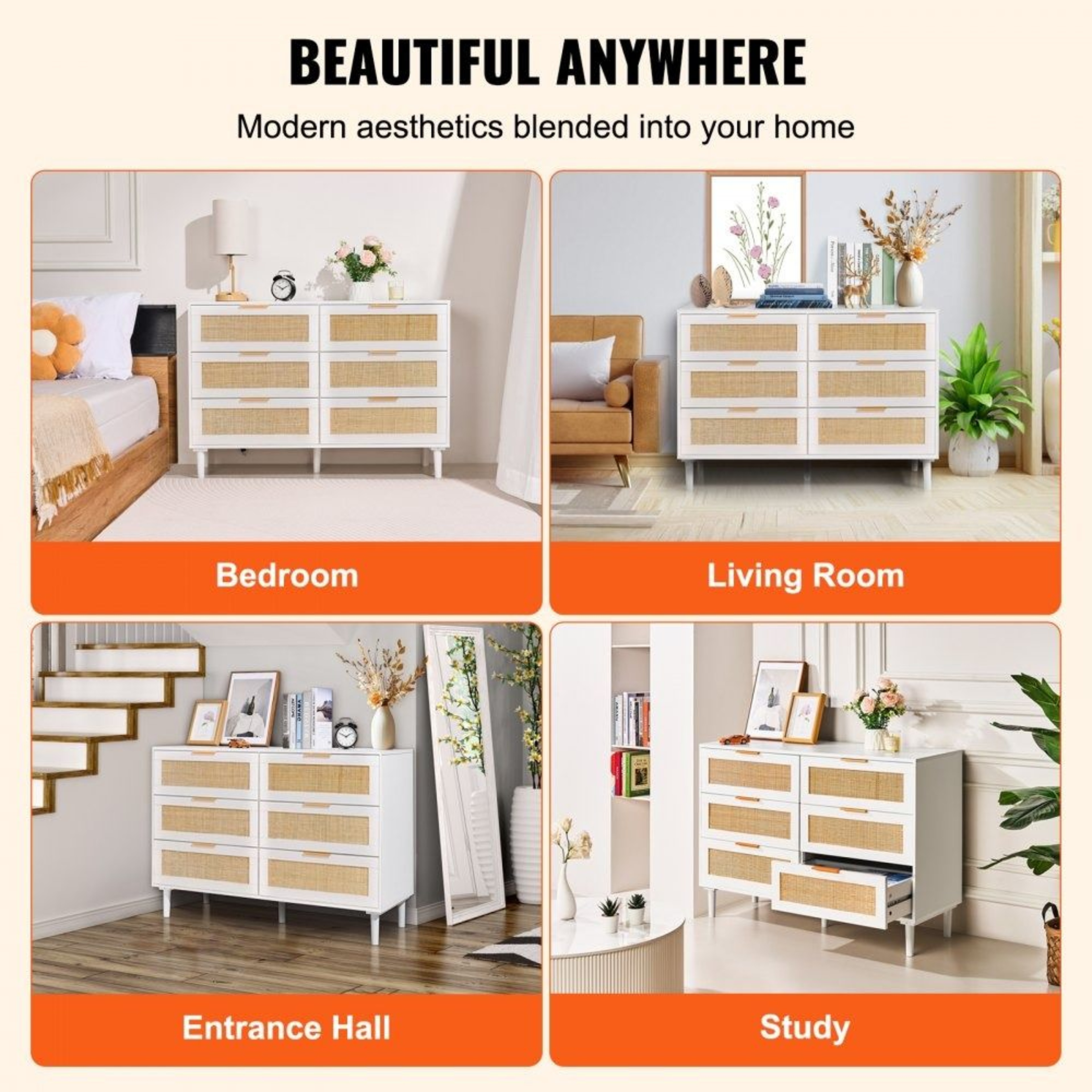 6 Drawer Rattan Dresser With Natural Rattan Storage And Anti Tip Design 6