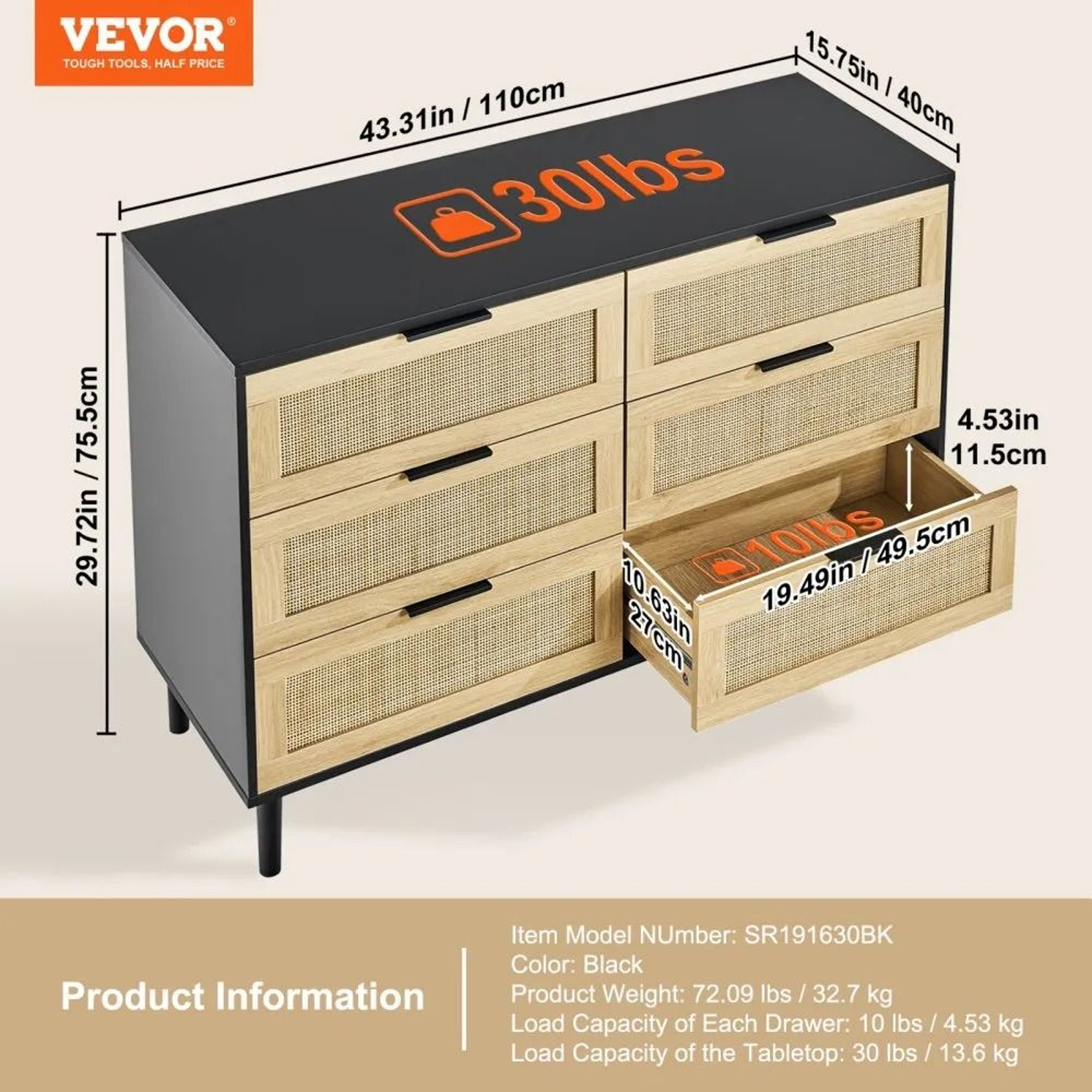 6 Drawer Rattan Dresser With Natural Rattan Fronts And Wood Storage Design 2