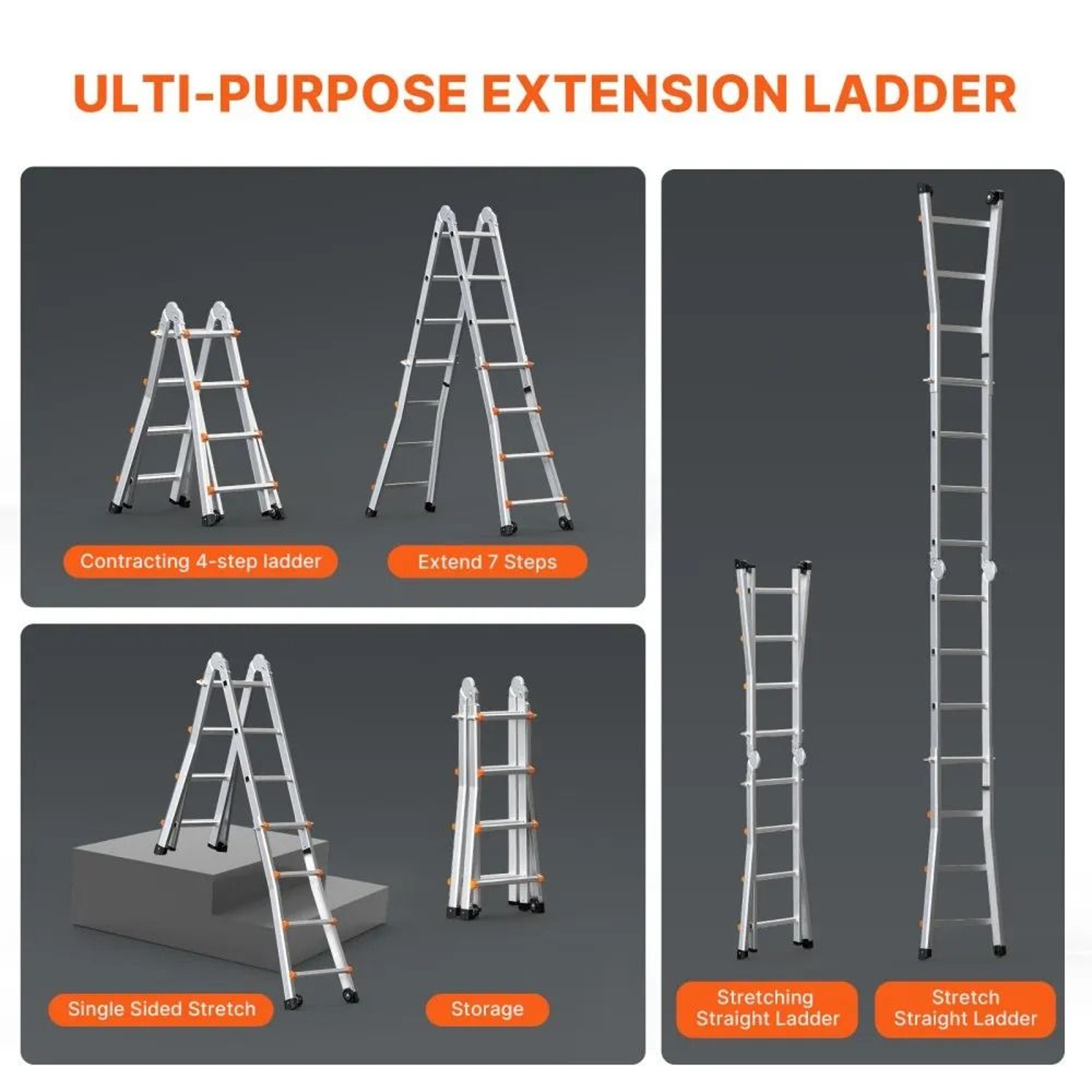 Telescoping A Frame Ladder 13 FT Compact Aluminum Extension Ladder 330 LB Capacity 4