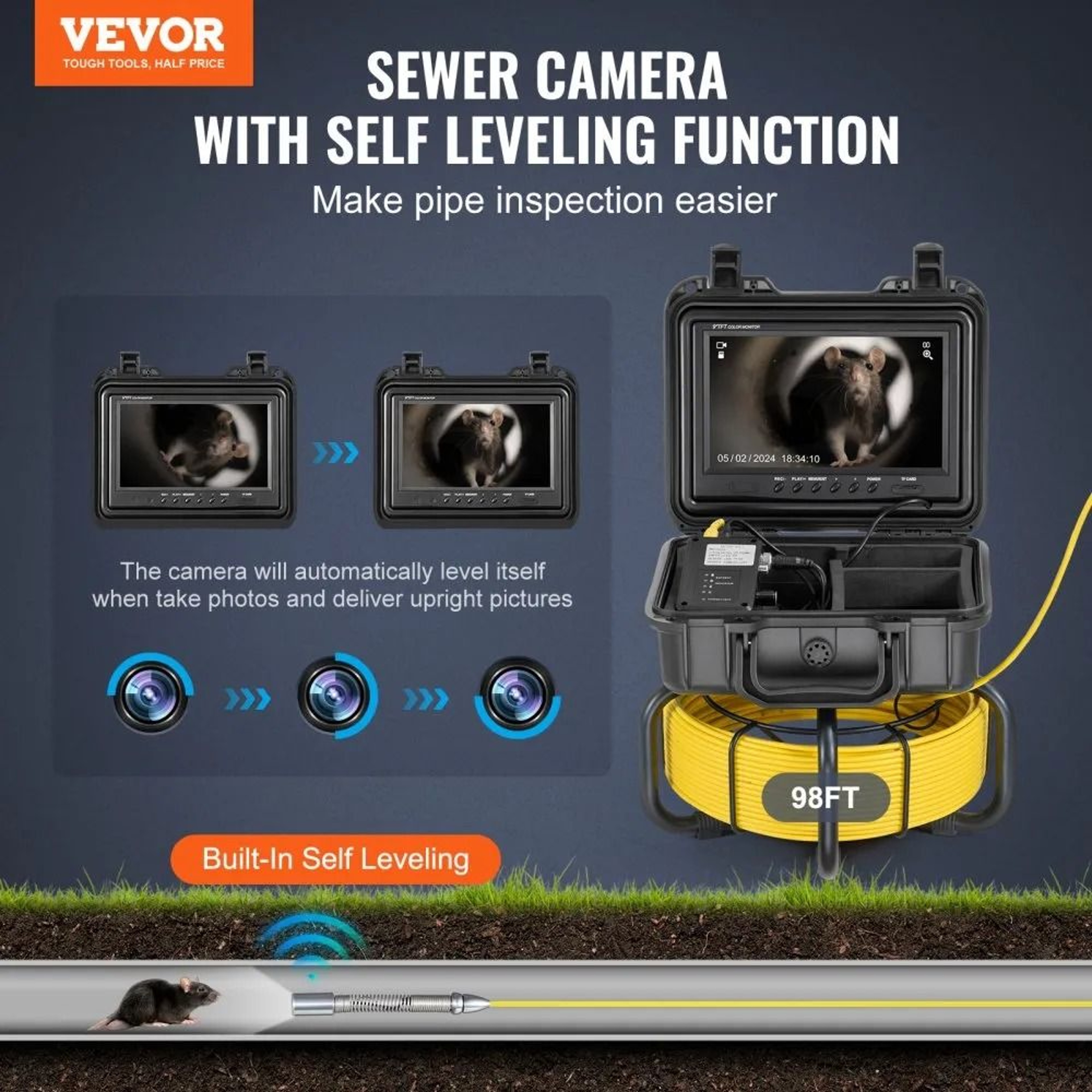 98 Ft SelfLeveling Sewer Camera With 9 Inch 1080P Screen And 32GB Card 4