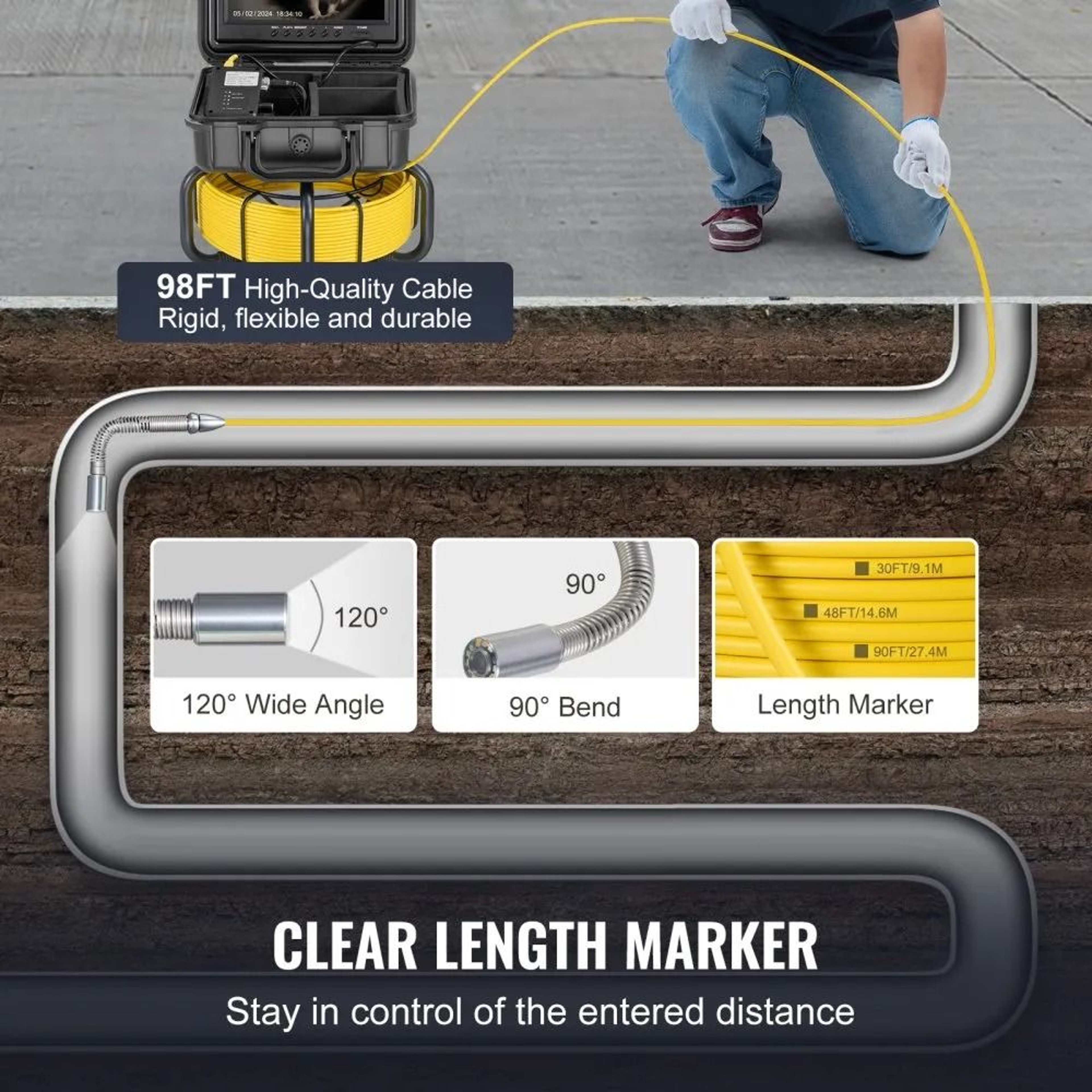 98 Ft SelfLeveling Sewer Camera With 9 Inch 1080P Screen And 32GB Card 5