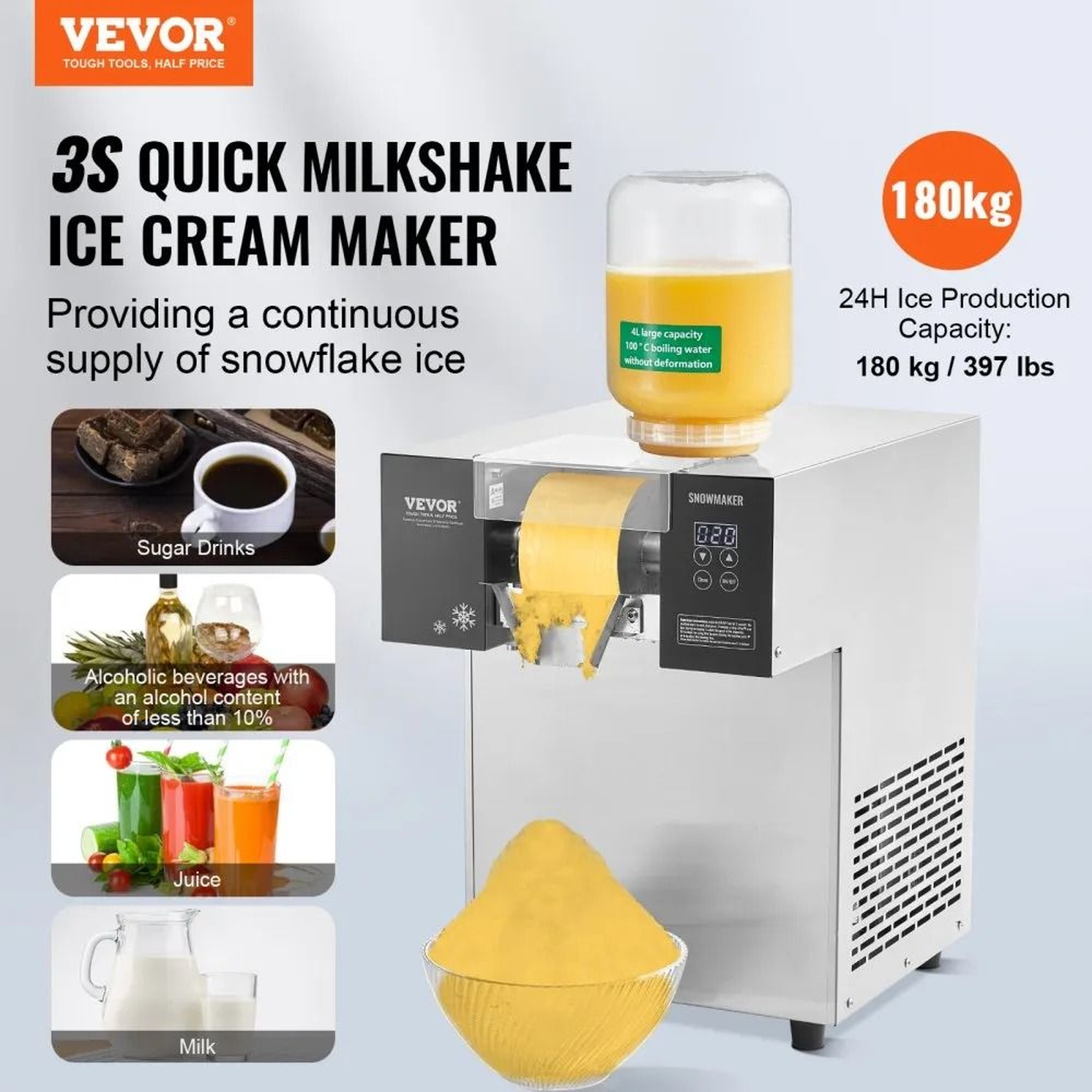 Commercial Snowflake Ice Machine 397LBS 24H Air Cooled Electric Snow Cone Maker 1