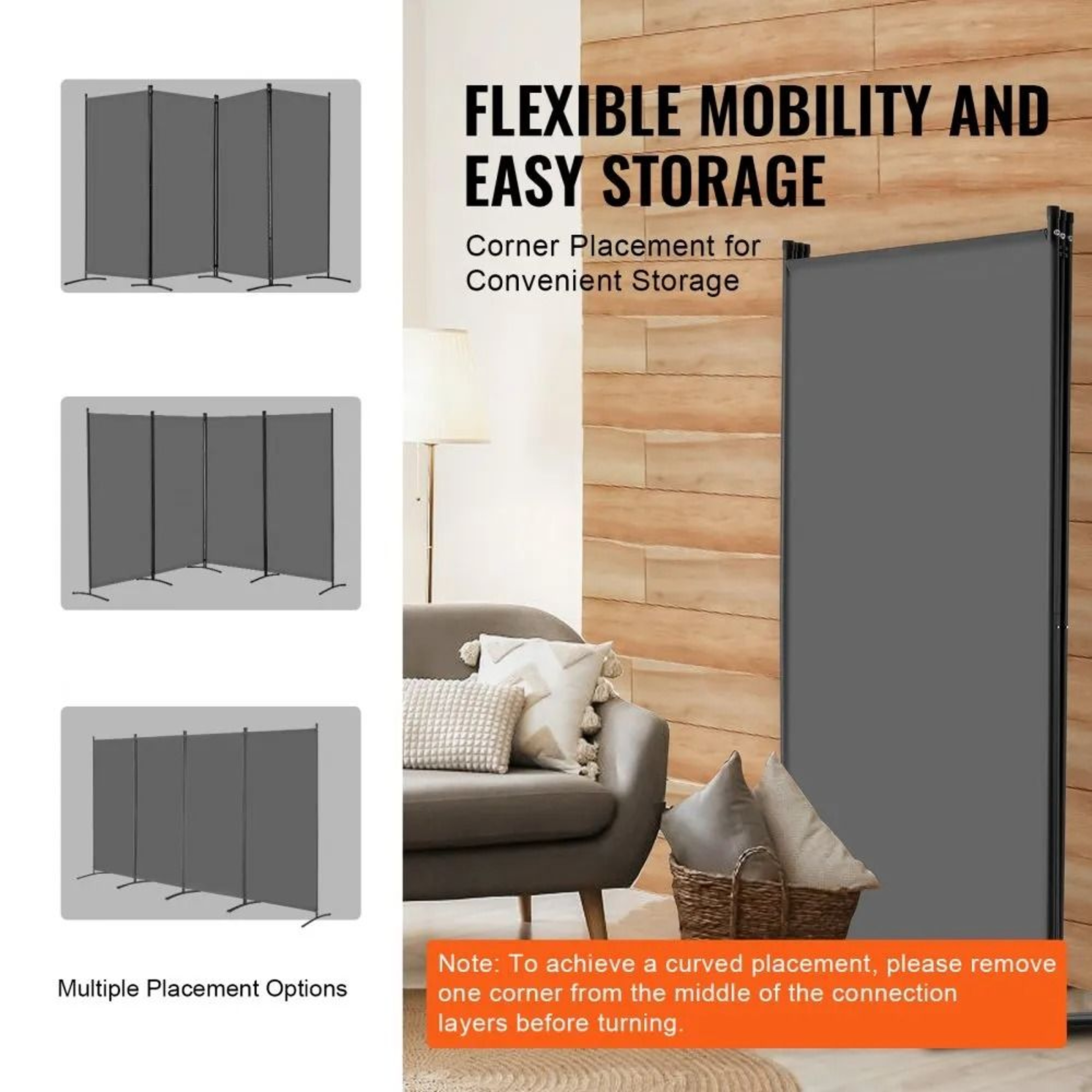 4 Panel Folding Room Divider Waterproof Oxford Fabric Freestanding Privacy Screen Gray 3