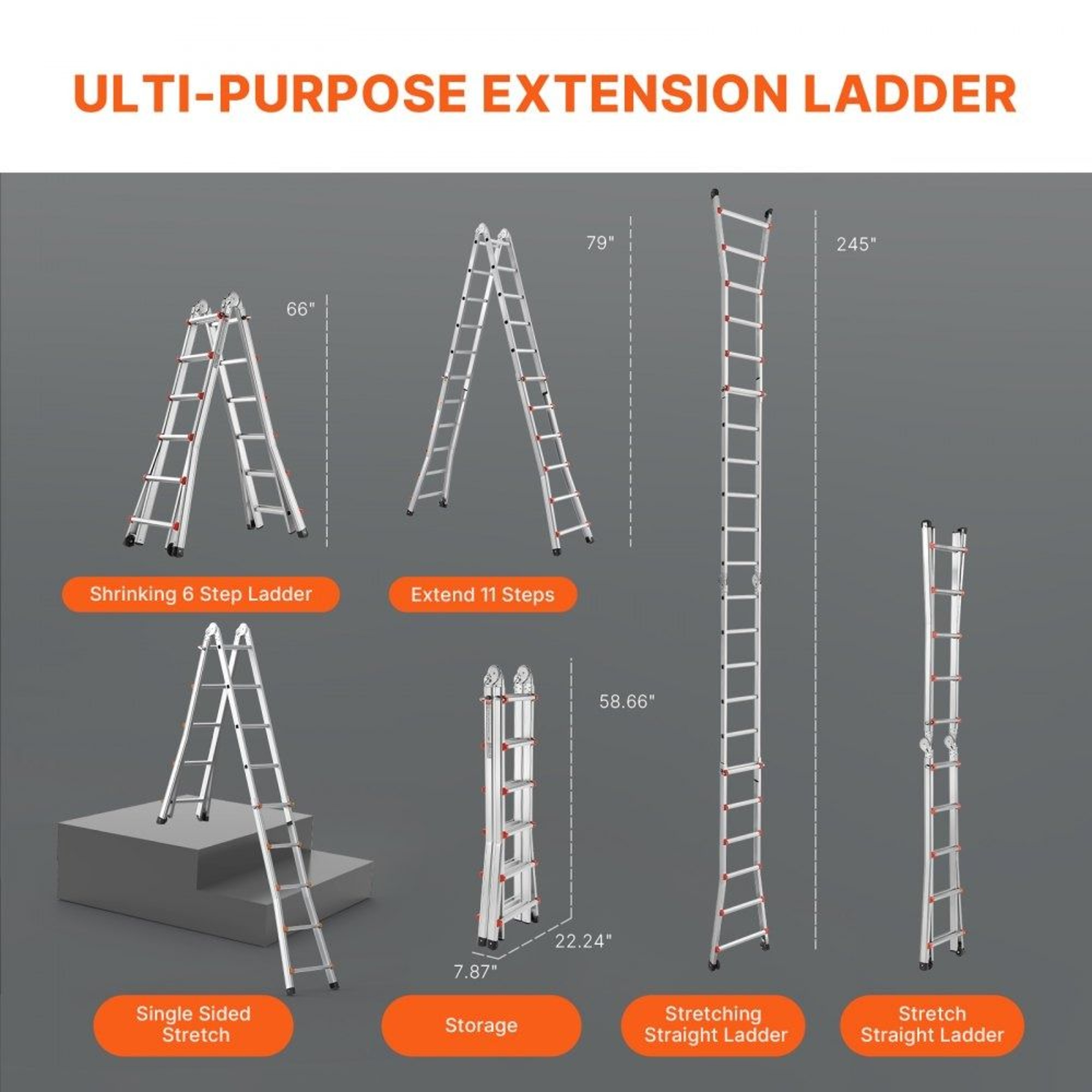205 FT Telescoping A Frame Ladder Aluminum Multi Function Portable Extension Ladder 330 Lb Capacity 6