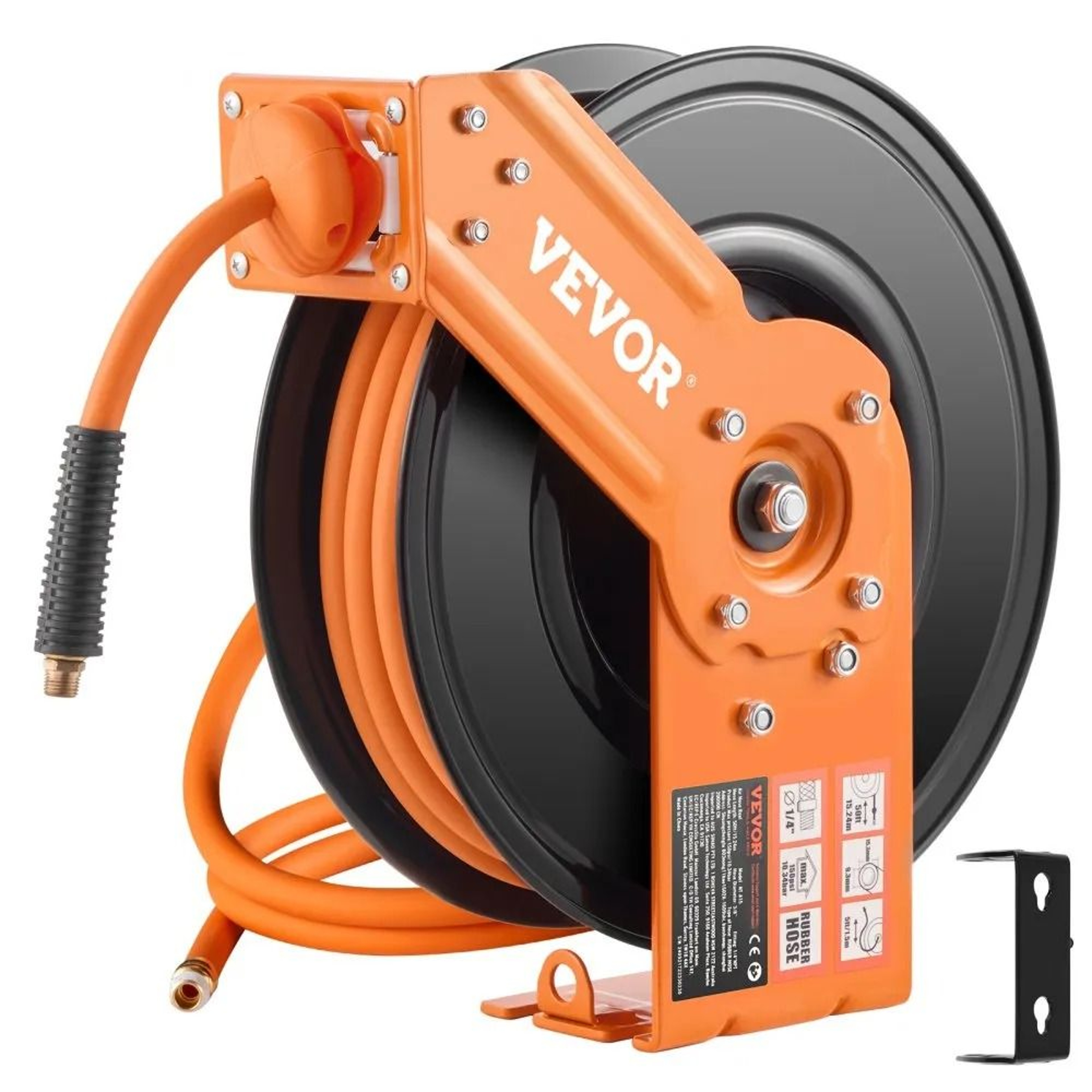 Retractable Air Hose Reel With 38 Inch X 50 FT Rubber Air Hose AutoRewind 300 PSI Heavy Duty 180 Sw 0