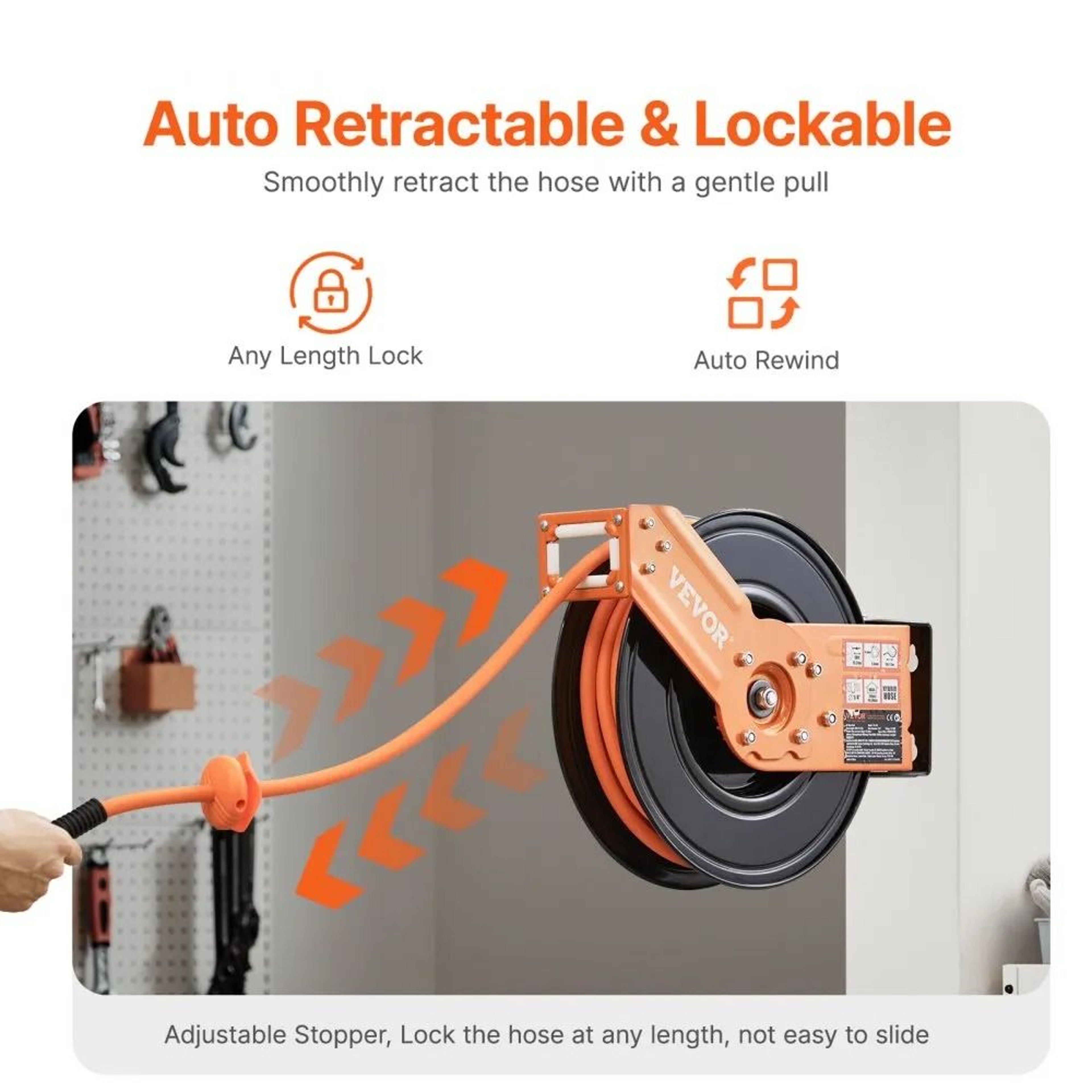 Retractable Air Hose Reel With 38 Inch X 50 FT Rubber Air Hose AutoRewind 300 PSI Heavy Duty 180 Sw 4