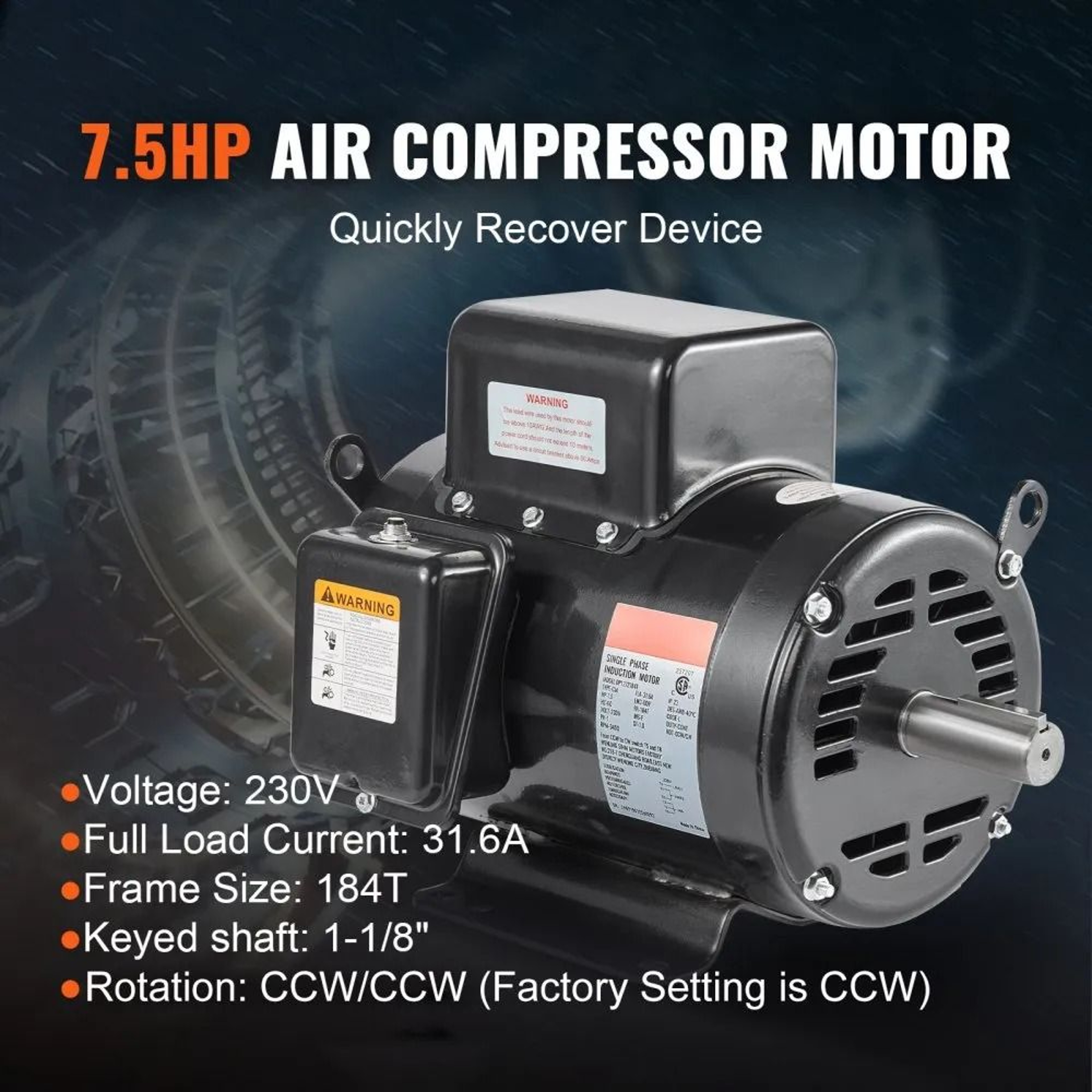 75HP Air Compressor Motor 230V Single Phase 3450RPM 184T Frame 118 Keyed Shaft 3