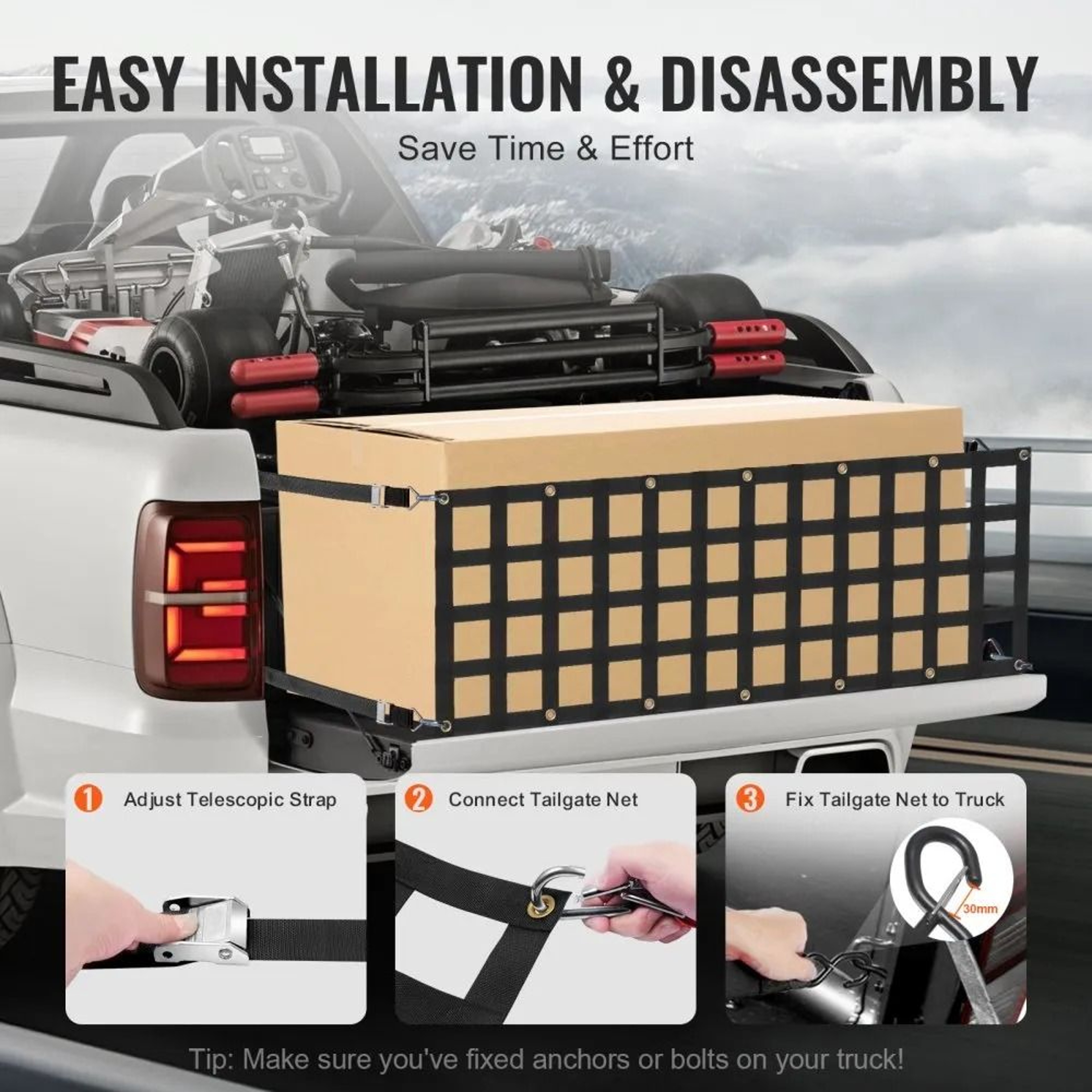 Adjustable Truck Tailgate Net With Straps And Hooks 60 X 18 In Heavy Duty Cargo Mesh 3