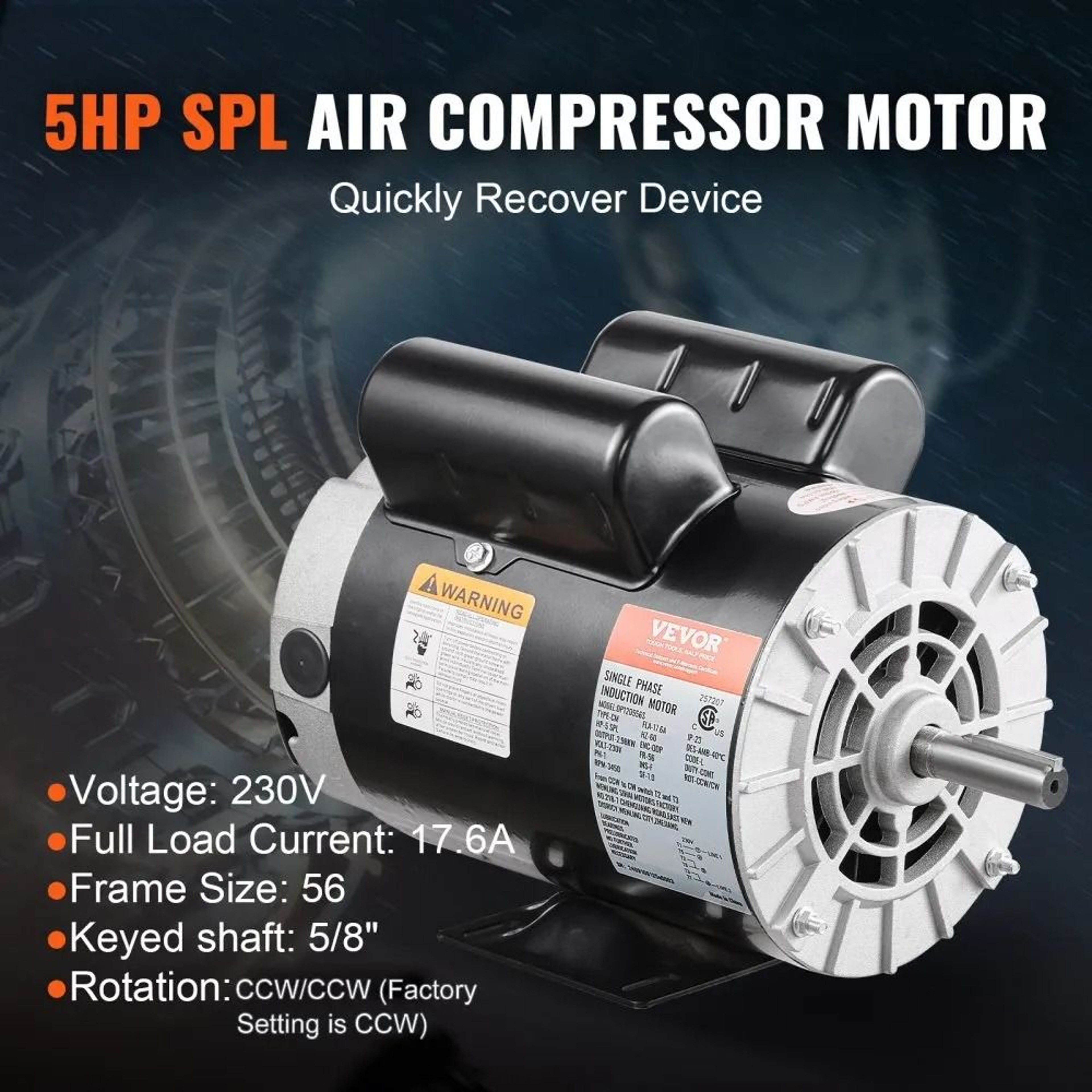 5HP SPL Air Compressor Electric Motor 230V 3450RPM 56 Frame 58 Inch Keyed Shaft 1