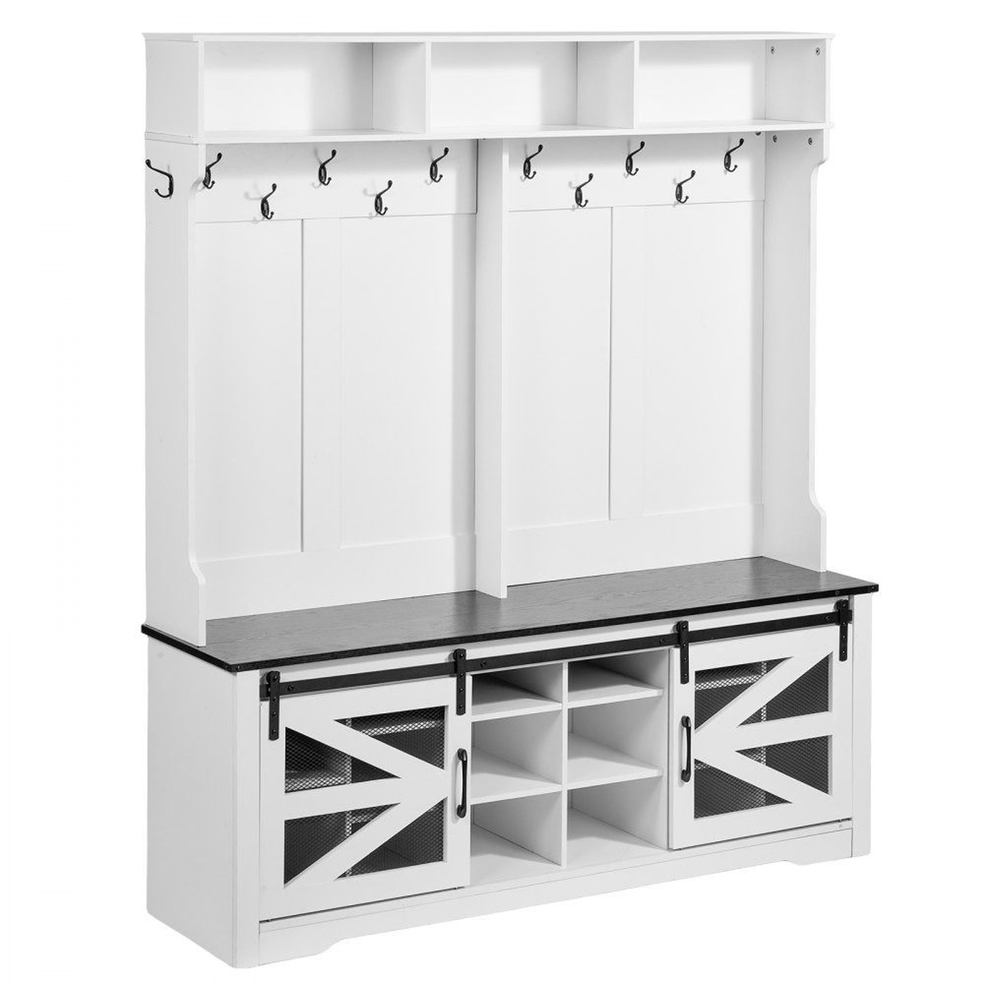 59 Inch Wide Mudroom Hall Tree Entryway Bench With Storage And USB LED Light 6
